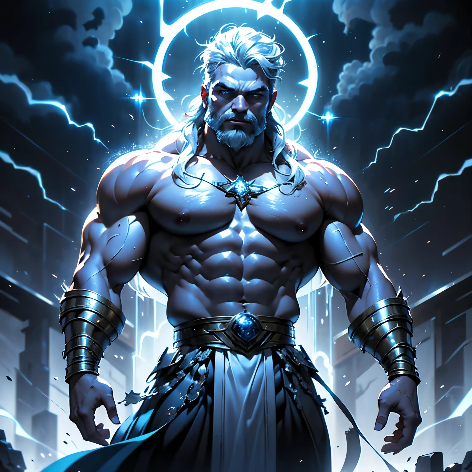 A hyper-realistic photograph in the style of Boris Vallejo, depicting a god-like figure resembling Zeus. The man is wearing a flowing white toga adorned with intricate gold and silver details, draping elegantly over his powerful, muscular physique. His long, flowing white beard and intense expression add to his imposing presence. He holds a crackling bolt of lightning in his hand, the bright electric blue lightning starkly contrasting against the black and white tones of his skin. The toga's golden and silver details catch the light, glimmering softly. The background is filled with dark, swirling storm clouds, and the glowing blue lightning intensifies the dramatic atmosphere. His skin shines as if lightly oiled, accentuating his sculpted muscles. The scene is epic and filled with tension, with the lighting casting deep shadows that emphasize the power and grandeur of the figure.