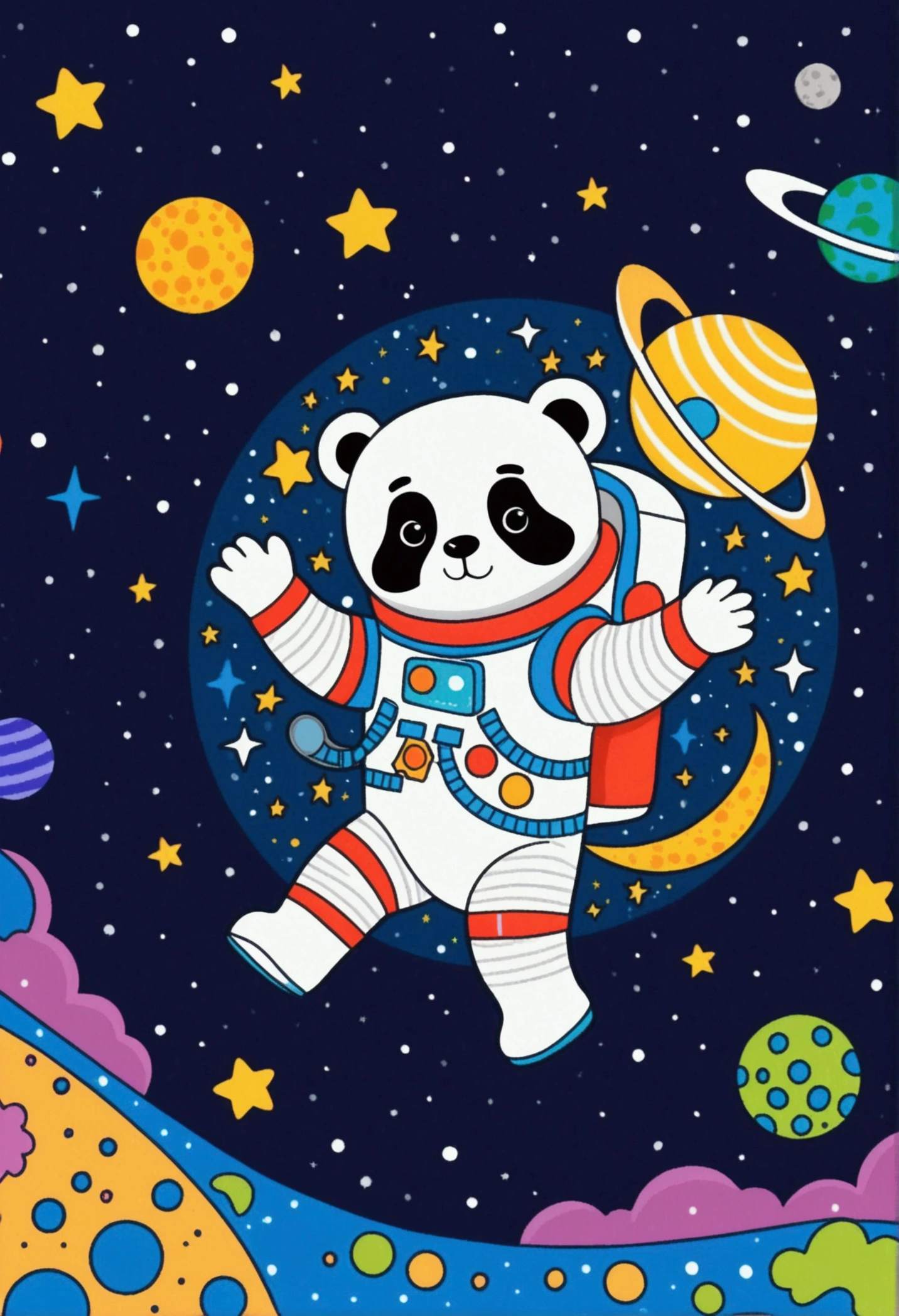 cartoon bear In space suit flying over a moon with stars, Vector Art, pixabay, Toyism, In the starry sky, a panda In space, In outer space, dog in space suite, In space, Colorful book illustration, Cute astronaut sticker art, astronaut In space, Clothed in stars and planets