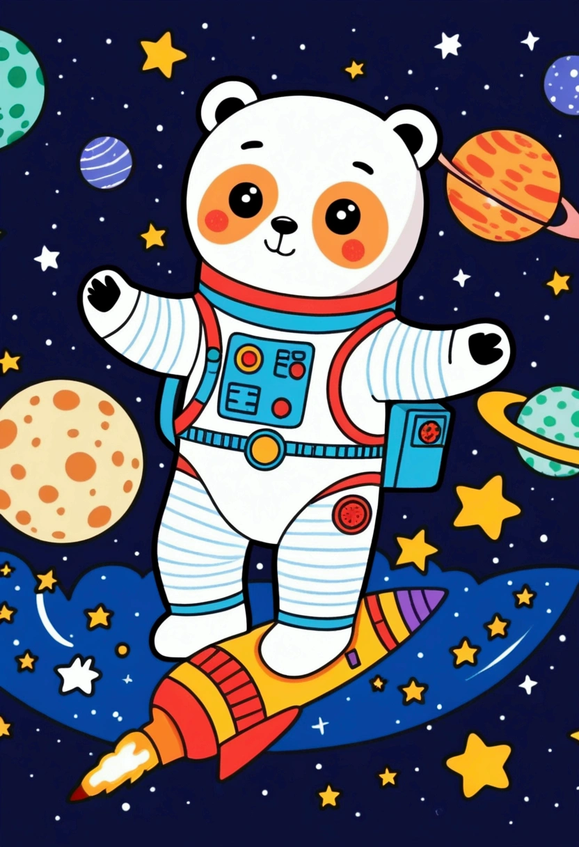 cartoon bear In space suit flying over a moon with stars, Vector Art, pixabay, Toyism, In the starry sky, a panda In space, In outer space, dog in space suite, In space, Colorful book illustration, Cute astronaut sticker art, astronaut In space, Clothed in stars and planets