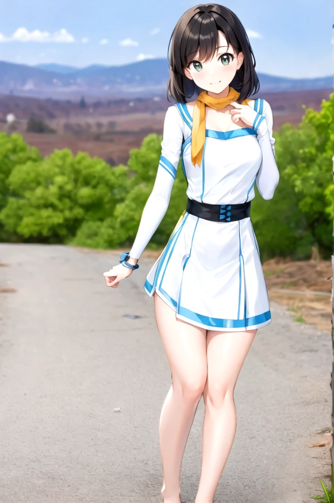 Digression, Under Digression, Raise your arms, (1 girl, 15 years old) ,Japanese Girls ,  (smile:0.7), smile,  priest \(dq3\), 1 girl, alone, (Red eyes), (Miter saw), (Naked with a thin bright blue tabard:1.4), (Cross Print), (Orange elbow gloves), Beautiful small breasts, Holding, staff, nature, blue sky, (Exposing shoulders), , (High color saturation:1.0),  (Very detailedな肌), (highest quality:1.0), (Ultra-high resolution:1.0) ,(Realistic:1.0), (Very detailed:1.0), (8k, RAW Photos:1.1)、Holding a long stick、The wind blows open the tabard, exposing her chest.、The wind blows the tabard open, exposing the genitals