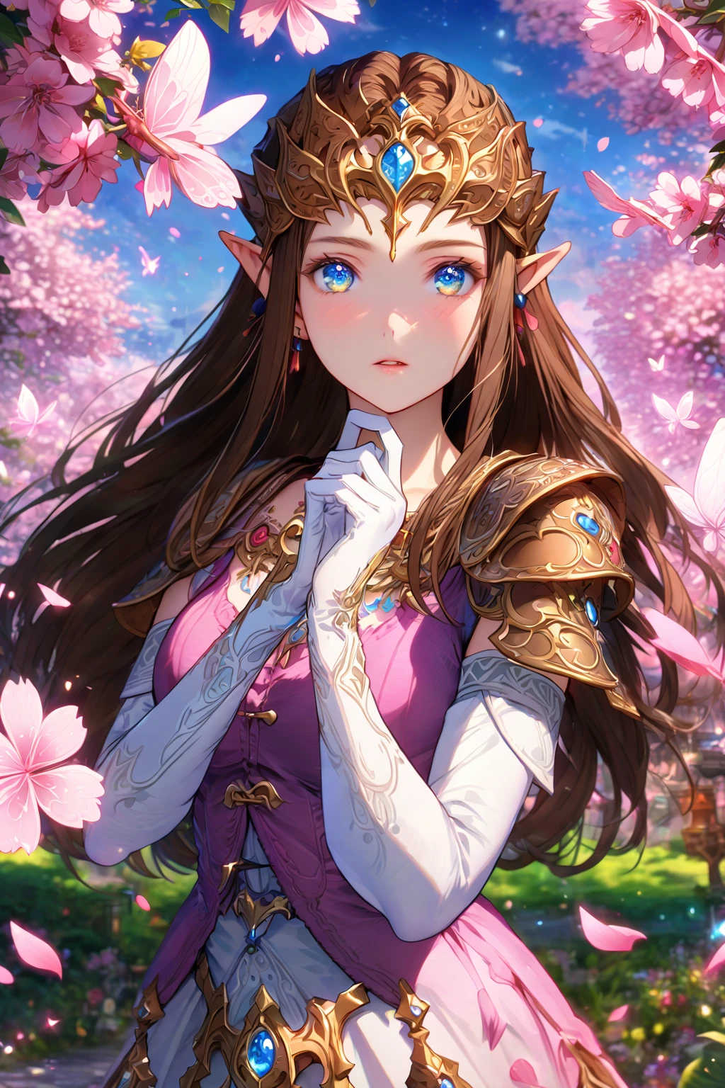 absurdres, highres, ultra detailed, HDR, master piece, best quality, extremely detailed, detailed eyes, detailed face, Zelda, dark brown hair, expressive blue eyes, The Legend Of Zelda Twilight Princess, solo, woman, beautiful, cherry red vest, white dress, long white gloves, accessories, glittering pink butterflies, garden, magic circle, green leaves, pink petals, pink flowers, fantasy, magical, pink cherry blossoms