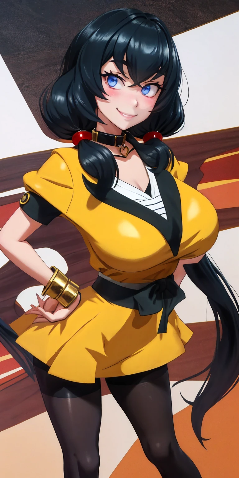 1solo Milf full body standing straight symmetrical, looking at viewer, hands on hips, twin drills twin tails, striped pantyhose, golden handcuffs on their hands with a black leather collar around the golden heart necklace, hands on hips, lustful smirking smile face red blushed