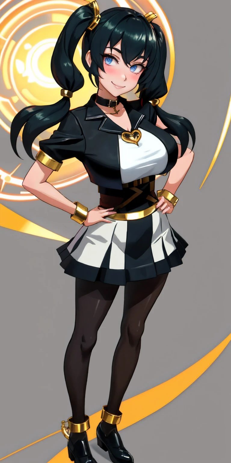 1solo Milf full body standing straight symmetrical, looking at viewer, hands on hips, twin drills twin tails, striped pantyhose, golden handcuffs on their hands with a black leather collar around the golden heart necklace, hands on hips, lustful smirking smile face red blushed