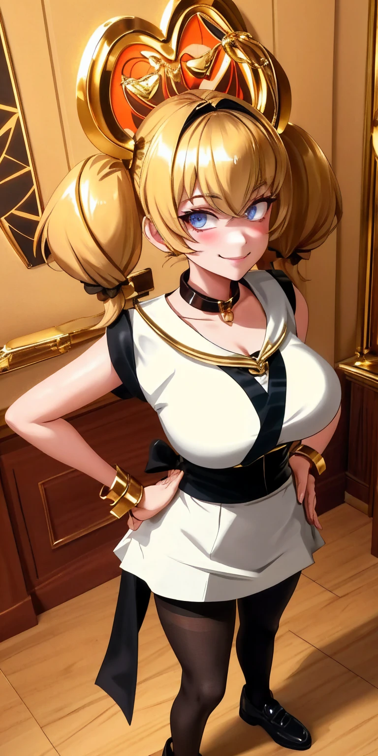 1solo Milf full body standing straight symmetrical, looking at viewer, hands on hips, twin drills twin tails, striped pantyhose, golden handcuffs on their hands with a black leather collar around the golden heart necklace, hands on hips, lustful smirking smile face red blushed