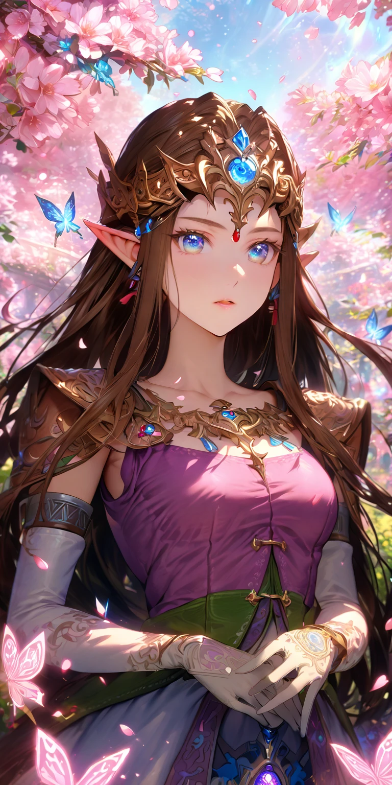 absurdres, highres, ultra detailed, HDR, master piece, best quality, extremely detailed, detailed eyes, detailed face, Zelda, dark brown hair, expressive blue eyes, The Legend Of Zelda Twilight Princess, solo, woman, beautiful, cherry red vest, white dress, long white gloves, accessories, glittering pink butterflies, garden, magic circle, green leaves, pink petals, pink flowers, fantasy, magical, pink cherry blossoms