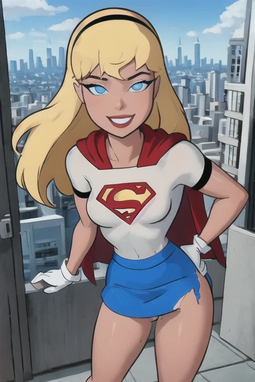 masterpiece, The best quality, 1 girl, Supergirl, blonde hair, Long hair, hair band, Blue eyes, Gloves, red cape, blue skirt, white shirt, blue sky, flight, city below, big thighs, wide hips, torn skirt, Hands on hips, playful smile, hands on ass, semen