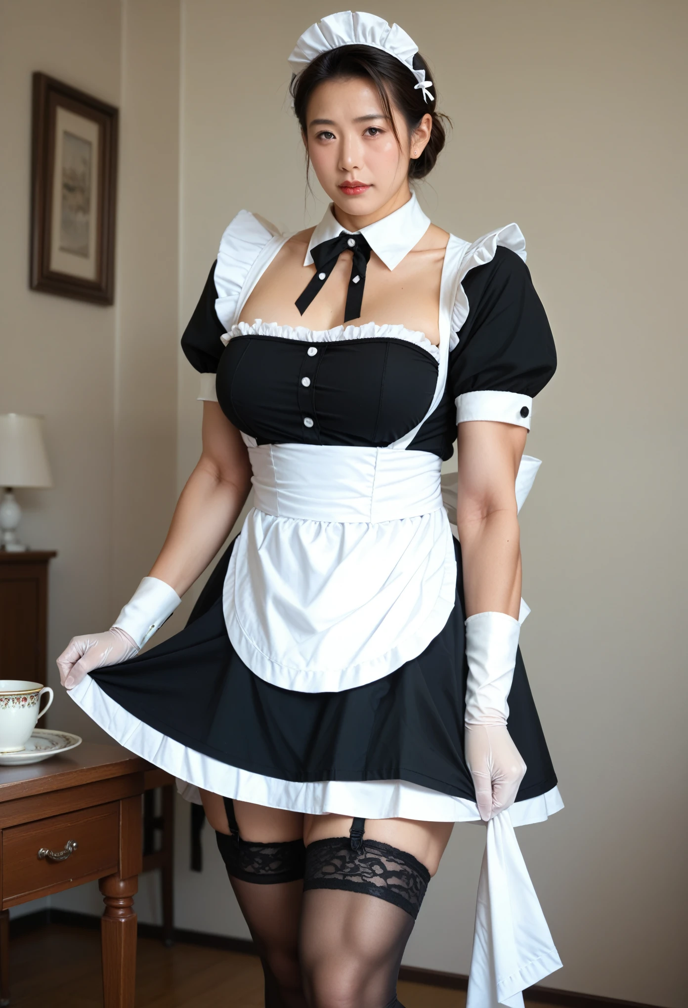 (Japanese, 4, Mature Woman, Japanese Mom), Alone, (White skin), Middle-aged body type, Muscular legs, Alone, (White skin, Oily skin), (Brown Hair, Decorated updo), break,

(((Wearing a maid outfit:1.9, Black and white maid outfit:1.9, Sexy Micro Mini Skirt Maid Uniform:1.9))), ((スカートの下にRealisticな薄い黒のストッキング:1.9, Black garter belt under skirt:1.9)), Black high heels, break, 

(In a classic cafe:1.9, Standing with a slouch:1.9, Turn towards the audience:1.3), break, 

run-6500-v1.1, (RAW Photos:1.7), (Viewer attention required:1.3), (Realisticな、Realistic:1.37), (8k、RAW Photos、Best Quality、masterpiece:1.2)、 (Genuine:1.7), ((Ultra-high resolution,High quality images)), Very detailed、Physically Based Rendering、Ultra-high resolution、Kodak Vision Coloured と Arricam LT カメラ、Bokeh Depth of Field、Sharp focus、(((Accurate anatomy:1.2)))、(masterpieceBest Quality:1.5), (Ultra-high definition 8K CG:1.4), (hyperRealistic:1.25), (PhotoRealistic:1.25), (Realistic:1.4), Complete limbs, Full Finger, (Shoot from a distance:1.4), Score_9, Score_8_Superior, Score_7_Superior,Realistic, Detailed face, Detailed skin, Realistic background, ((Ultra-dense skin)), break, 