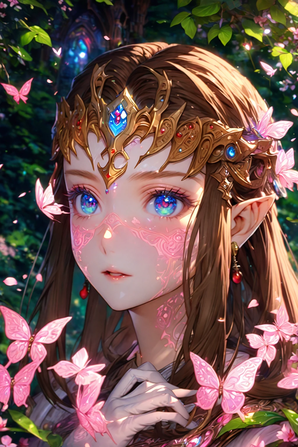 absurdres, highres, ultra detailed, HDR, master piece, best quality, extremely detailed, detailed eyes, detailed face, Zelda, dark brown hair, expressive blue eyes, The Legend Of Zelda Twilight Princess, solo, woman, beautiful, cherry red vest, white dress, long white gloves, accessories, glittering pink butterflies, garden, magic circle, green leaves, pink petals, pink flowers, fantasy, magical, pink cherry blossoms