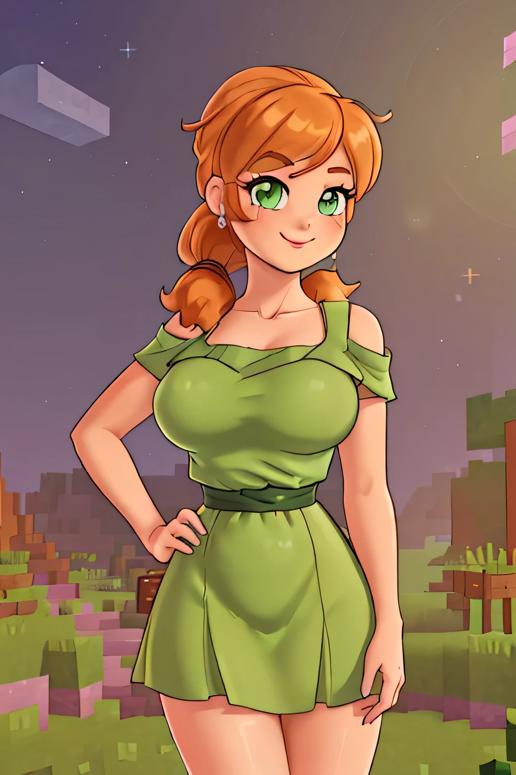 close up 1girl in, photo of Alex, Alex Minecraft, Anime style, Solo, (messy Golden copper blonde hair, short ponytail over left shoulder, thick Ginger hair, (green eyes: 1.2), (perfect clear skin, pale skin, detailed skin, large breasts, round breasts, perfect body, skinny, thin), (thin hips, thin waist: 1.25), (neutral face, cute smile, (she is wearing a vintage 50s dress, flowing skirt, bouffont style dress), starship background, stars, (Minecraft world), (realistic photo, best quality, detailed), (8k wallpaper), (cinematic lighting, beautiful light, (evening:1.3)) (sharp focus, intricate), (dslr, realistic, looking at viewer, sharp focus, delicate, soft colors, cinematic)