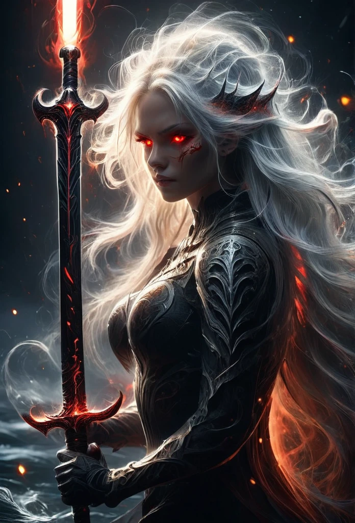 8k resolution, depth of field, photorealistic, lens flare, ((best quality)), (((intricate details))), highly detailed, (((cinematic effect))), looking at viewer,1girl,breasts,long hair, ((white hair with black highlights)), ponytail, (glowing red eyes), serious and severe face, ,wearing flame armor, helmet in the shape of a blood red head,holding,cleavages,V,vaporous swirls of deep black,holding weapon, sword, holding sword, night, (underworld,hells), well of cursed souls, (((the river styx background:1.5))),UHD, no anatomical defects,dark, extremely detailed, amazing quality, masterpiece, best quality, hyper detailed, ultra detailed, UHD, perfect anatomy, portrait, DOF, majestic, awesome, inspiring, cinematic, global illumination, dramatic, atmospheric haze, cinematic composition, deep shadows, death scythe,,made of mad-wsps, surrounded by glowing force magic,glowing character outline by dark aura\(blue:1.5\)