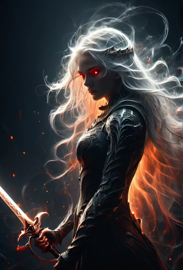 8k resolution, depth of field, photorealistic, lens flare, ((best quality)), (((intricate details))), highly detailed, (((cinematic effect))), looking at viewer,1girl,breasts,long hair, ((white hair with black highlights)), ponytail, (glowing red eyes), serious and severe face, ,wearing flame armor, helmet in the shape of a blood red head,holding,cleavages,V,vaporous swirls of deep black,holding weapon, sword, holding sword, night, (underworld,hells), well of cursed souls, (((the river styx background:1.5))),UHD, no anatomical defects,dark, extremely detailed, amazing quality, masterpiece, best quality, hyper detailed, ultra detailed, UHD, perfect anatomy, portrait, DOF, majestic, awesome, inspiring, cinematic, global illumination, dramatic, atmospheric haze, cinematic composition, deep shadows, death scythe,,made of mad-wsps, surrounded by glowing force magic,glowing character outline by dark aura\(blue:1.5\)