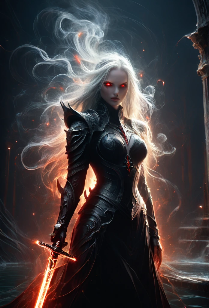 8k resolution, depth of field, photorealistic, lens flare, ((best quality)), (((intricate details))), highly detailed, (((cinematic effect))), looking at viewer,1girl,breasts,long hair, ((white hair with black highlights)), ponytail, (glowing red eyes), serious and severe face, ,wearing flame armor, helmet in the shape of a blood red head,holding,cleavages,V,vaporous swirls of deep black,holding weapon, sword, holding sword, night, (underworld,hells), well of cursed souls, (((the river styx background:1.5))),UHD, no anatomical defects,dark, extremely detailed, amazing quality, masterpiece, best quality, hyper detailed, ultra detailed, UHD, perfect anatomy, portrait, DOF, majestic, awesome, inspiring, cinematic, global illumination, dramatic, atmospheric haze, cinematic composition, deep shadows, death scythe,,made of mad-wsps, surrounded by glowing force magic,glowing character outline by dark aura\(blue:1.5\)