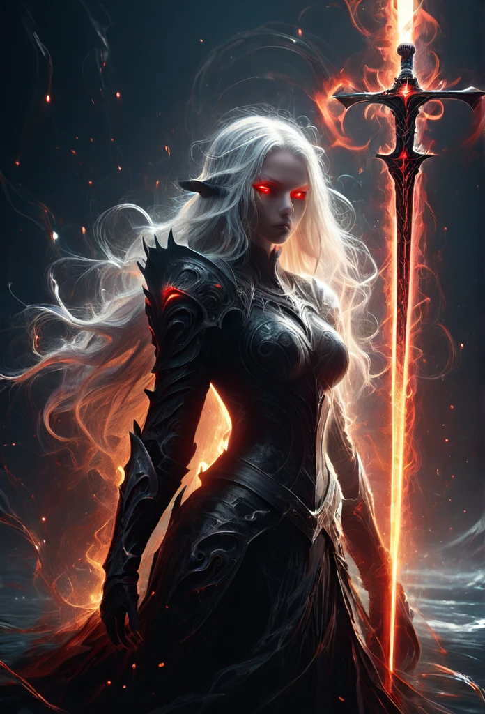 8k resolution, depth of field, photorealistic, lens flare, ((best quality)), (((intricate details))), highly detailed, (((cinematic effect))), looking at viewer,1girl,breasts,long hair, ((white hair with black highlights)), ponytail, (glowing red eyes), serious and severe face, ,wearing flame armor, helmet in the shape of a blood red head,holding,cleavages,V,vaporous swirls of deep black,holding weapon, sword, holding sword, night, (underworld,hells), well of cursed souls, (((the river styx background:1.5))),UHD, no anatomical defects,dark, extremely detailed, amazing quality, masterpiece, best quality, hyper detailed, ultra detailed, UHD, perfect anatomy, portrait, DOF, majestic, awesome, inspiring, cinematic, global illumination, dramatic, atmospheric haze, cinematic composition, deep shadows, death scythe,,made of mad-wsps, surrounded by glowing force magic,glowing character outline by dark aura\(blue:1.5\)