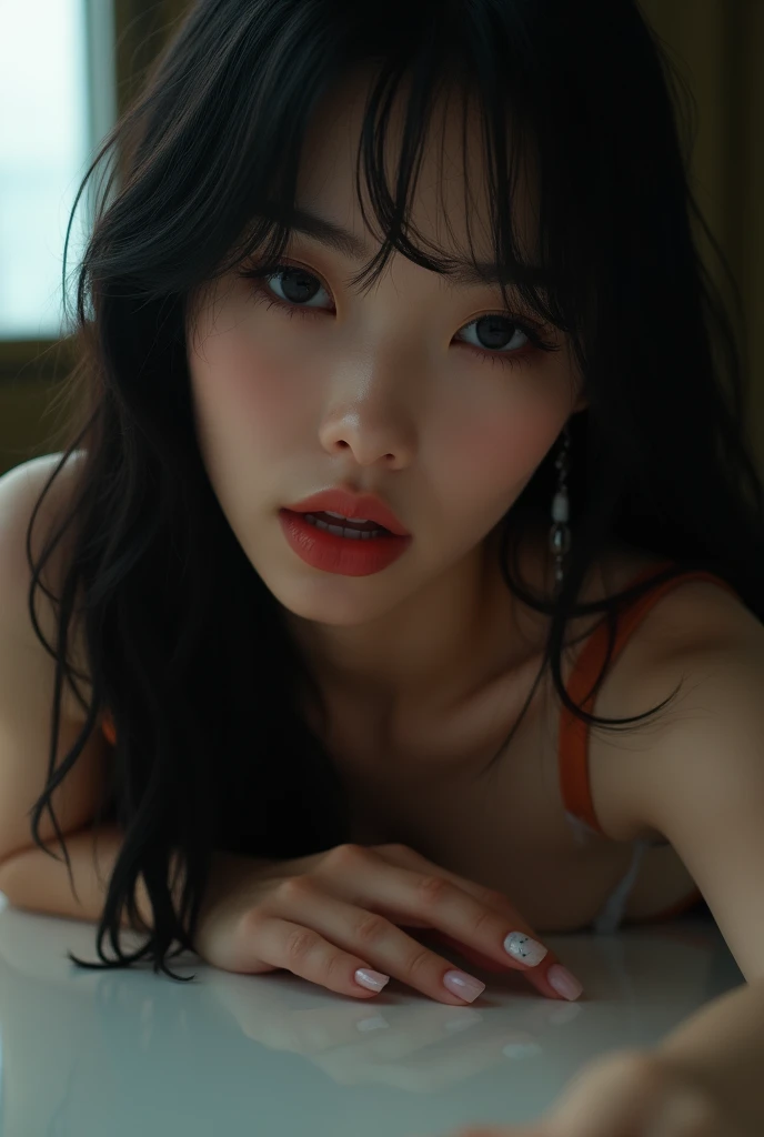 geisha, big boobs, 8k resolution, wet face, extra large size boobs, gigantic breast, tight kimono, bedroom, close up, ahegao face, no hands view, lipstick, laying down, view from above, oily skin, gigantic breast, huge breast, milf, face mole, black and white kimono, wet body