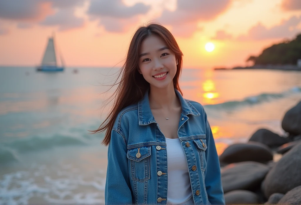 Jeanedium breasts、valley、beautiful transparent woman、cute、smile、upper body up、let your hair flow、Seaside in the background、sunset