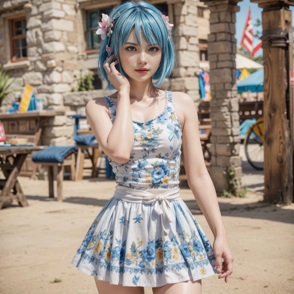 Nico, blue hair, (best quality, ultra-detailed), (realistic:1.37), beautiful and detailed face, ultra-realistic texture, delicate face, delicate body, red lipstick, long-lasting colors. high definition, 8K. expression with a sexy look