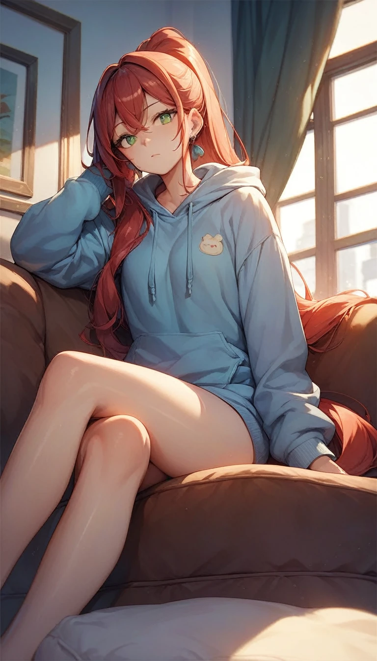 there is, hoodie, One anime-style woman, Sitting next to the audience, Red Hair, Long Hair, Long Ponytail, Green Eyes、sitting on the sofa next to, View your viewers, Confused eyes, A disdainful look, Best Quality、masterpiece