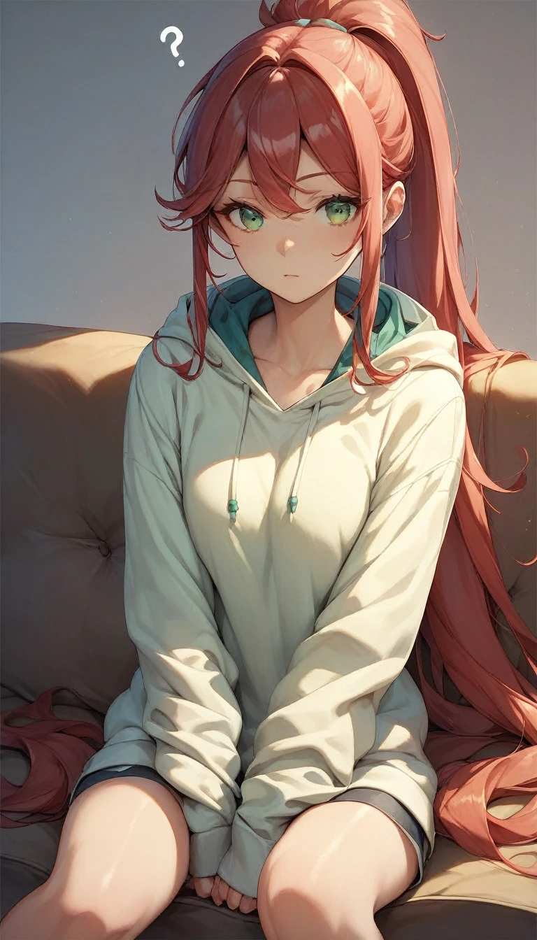 there is, hoodie, One anime-style woman, Sitting next to the audience, Red Hair, Long Hair, Long Ponytail, Green Eyes、sitting on the sofa next to, View your viewers, Confused eyes, A disdainful look, Best Quality、masterpiece