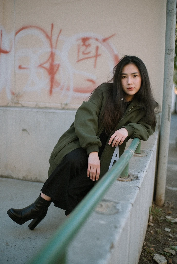 A cinematic film photo shoot in hongkong city street, shot on mamiya R67 with 35mm lens f-1.4, high angle shot from a young pretty JAV idol girl with moody expression and beautiful ayes, sitting and leaning on the concrete fence with graffiti art wall, intricate pose , perfect hand, dramatic moment, in sexy lace dress in oversize uniqlo soft green sweater jacket with boots, open legs, messy long hairstyle, natural moody, poetic style, real life, late afternoon, windy atmosphere, dramatic shadow and low key, very ultra highly detailed, sharp focus, extremely high quality photo, film bokeh, japanese analog film looks, trending on instagram