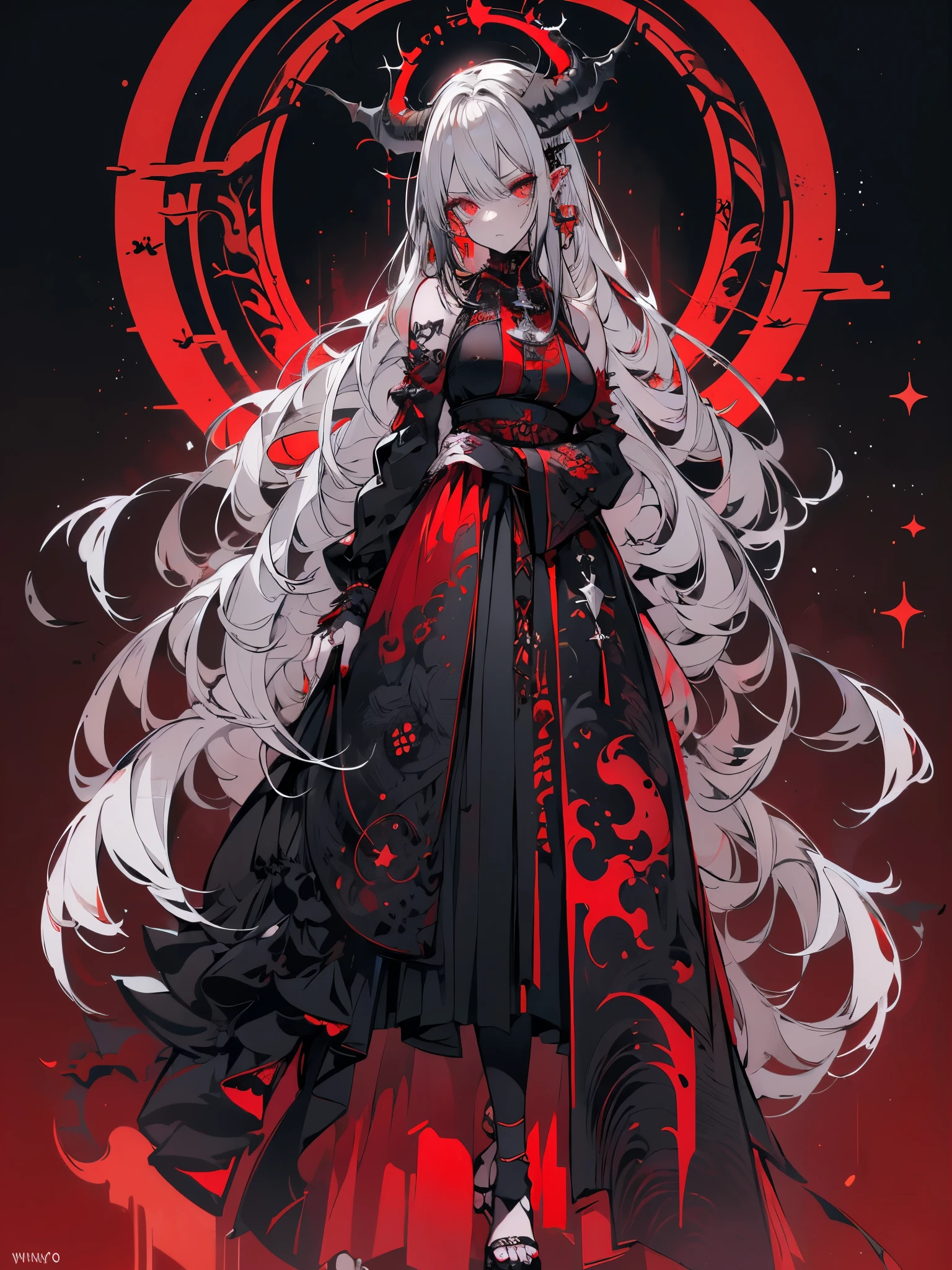 a literal darker demon girl, WHITE HAIR, very very long hair, long sideburns, dark dragon eyes, right arm sample, red tattoos on arm, curse, high heel flip flops, black nails, large earrings with pentagrams, inverted cross, face with a dark expression (((left, sombrio, gore, crazy, bestial, brutal))),
