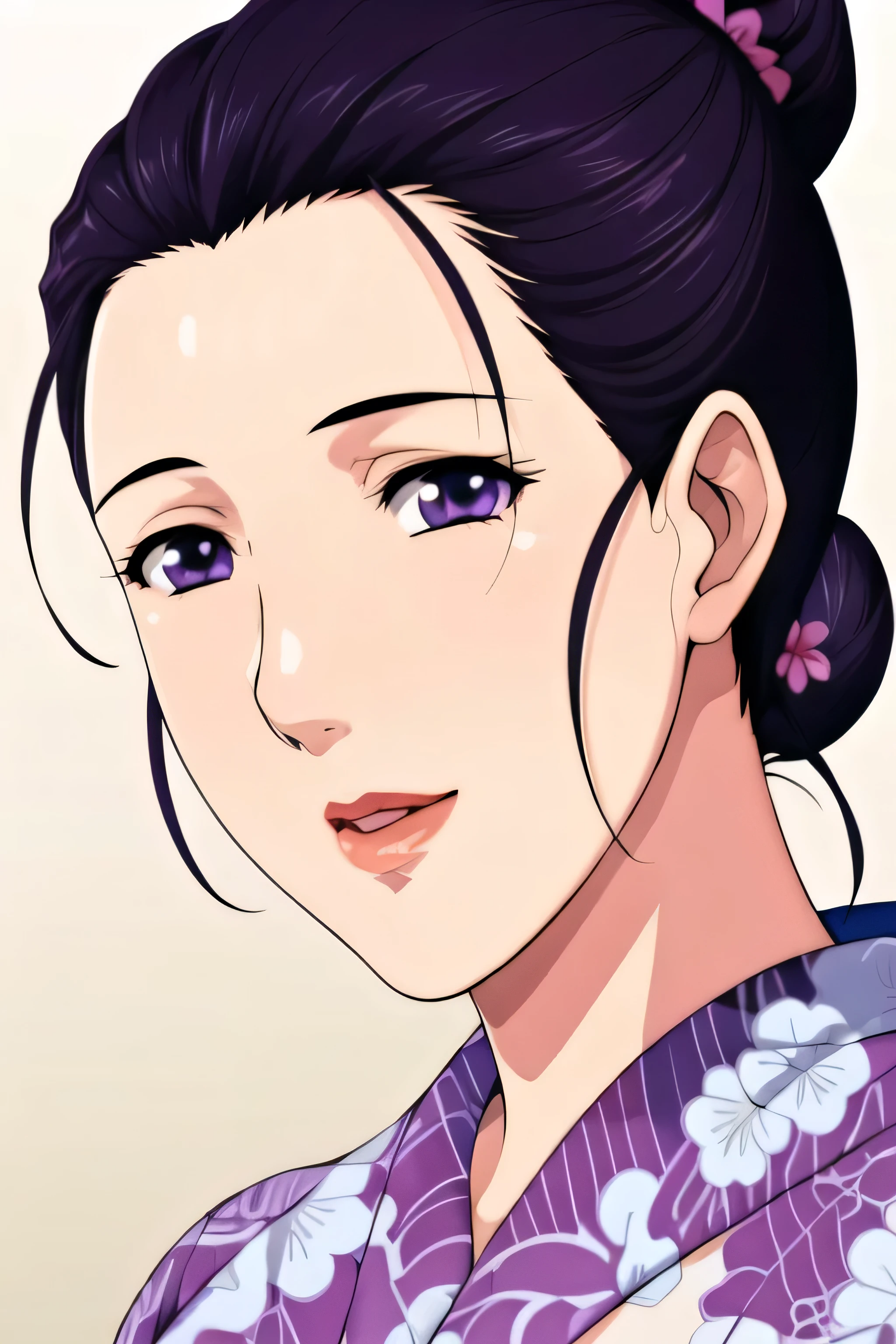 Simple Background,White Background,
purple kimono,floral print,japanese clothes,wide sleeves,long sleeves,
cleavage,
purple eyes, black hair,bangs,hair bun,
1 girl,Young female,Beautiful long legs,Beautiful body,
Beautiful Nose,Beautiful character design, perfect eyes, perfect face,expressive eyes,perfect balance,
looking at viewer,(Focus on her face),closed mouth, (innocent_big_eyes:1.0),(Light_Smile:0.3),
official art,extremely detailed CG unity 8k wallpaper, perfect lighting,Colorful, Bright_Front_face_Lighting,White skin,
(masterpiece:1.0),(best_quality:1.0), ultra high res,4K,ultra-detailed,
photography, 8K, HDR, highres, absurdres:1.2, Kodak portra 400, film grain, blurry background, bokeh:1.2, lens flare, (vibrant_color:1.2),professional photograph,
(Beautiful,large_Breasts:1.4), (beautiful_face:1.5),(narrow_waist),