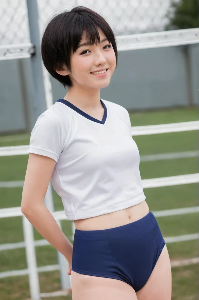 Picture taken from the front, with the left and right sides equally spaced, draw symmetrically, simple background, equally spaced left and right, stand upright, (cowboy shot), (arms behind back:1.5), One girl, 18 years old, very short hair, Human life size, (((navy blue panties))), ((white t-shirt))