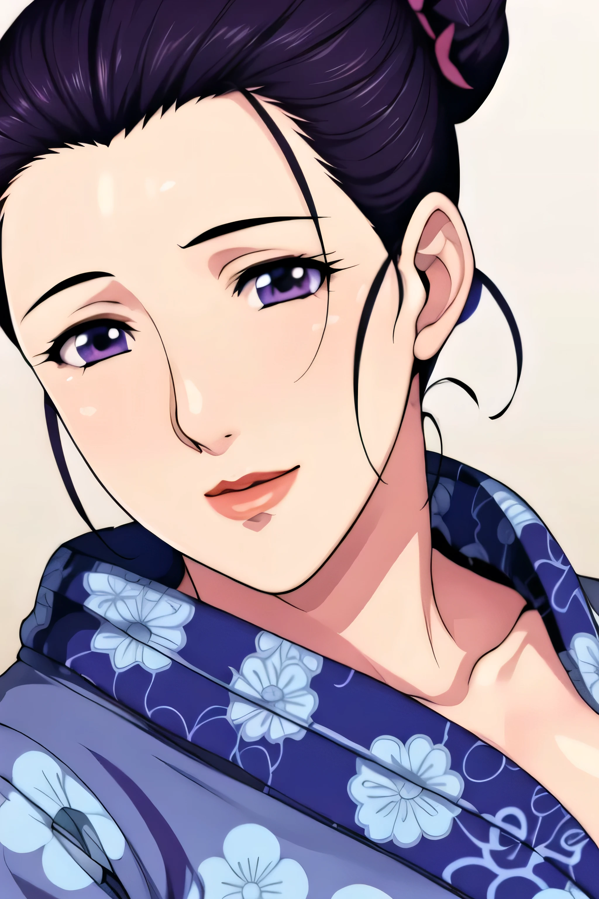 Simple Background,White Background,
purple kimono,floral print,japanese clothes,wide sleeves,long sleeves,
cleavage,
purple eyes, black hair,bangs,hair bun,
1 girl,Young female,Beautiful long legs,Beautiful body,
Beautiful Nose,Beautiful character design, perfect eyes, perfect face,expressive eyes,perfect balance,
looking at viewer,(Focus on her face),closed mouth, (innocent_big_eyes:1.0),(Light_Smile:0.3),
official art,extremely detailed CG unity 8k wallpaper, perfect lighting,Colorful, Bright_Front_face_Lighting,White skin,
(masterpiece:1.0),(best_quality:1.0), ultra high res,4K,ultra-detailed,
photography, 8K, HDR, highres, absurdres:1.2, Kodak portra 400, film grain, blurry background, bokeh:1.2, lens flare, (vibrant_color:1.2),professional photograph,
(Beautiful,large_Breasts:1.4), (beautiful_face:1.5),(narrow_waist),