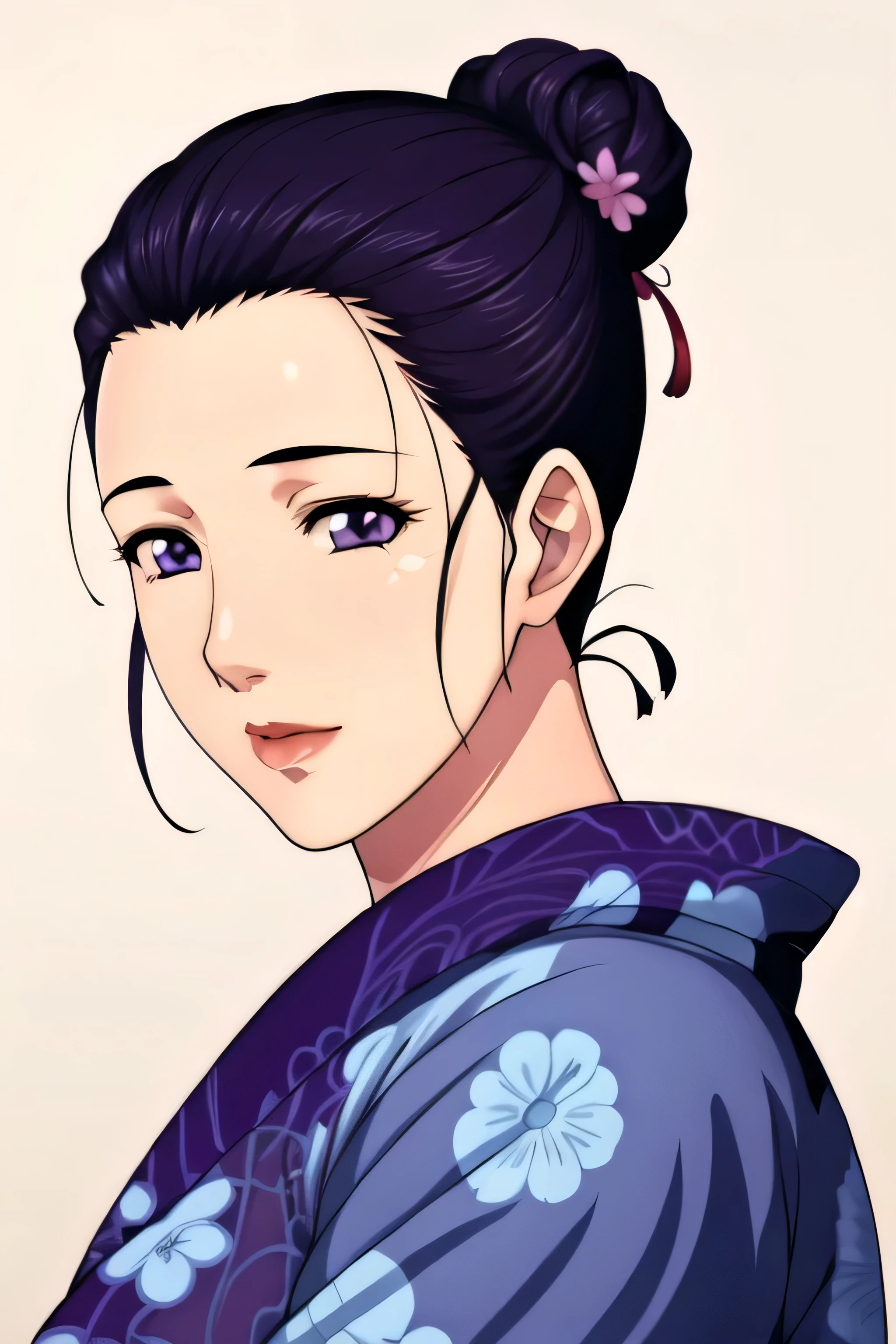 Simple Background,White Background,
purple kimono,floral print,japanese clothes,wide sleeves,long sleeves,
cleavage,
purple eyes, black hair,bangs,hair bun,
1 girl,Young female,Beautiful long legs,Beautiful body,
Beautiful Nose,Beautiful character design, perfect eyes, perfect face,expressive eyes,perfect balance,
looking at viewer,(Focus on her face),closed mouth, (innocent_big_eyes:1.0),(Light_Smile:0.3),
official art,extremely detailed CG unity 8k wallpaper, perfect lighting,Colorful, Bright_Front_face_Lighting,White skin,
(masterpiece:1.0),(best_quality:1.0), ultra high res,4K,ultra-detailed,
photography, 8K, HDR, highres, absurdres:1.2, Kodak portra 400, film grain, blurry background, bokeh:1.2, lens flare, (vibrant_color:1.2),professional photograph,
(Beautiful,large_Breasts:1.4), (beautiful_face:1.5),(narrow_waist),