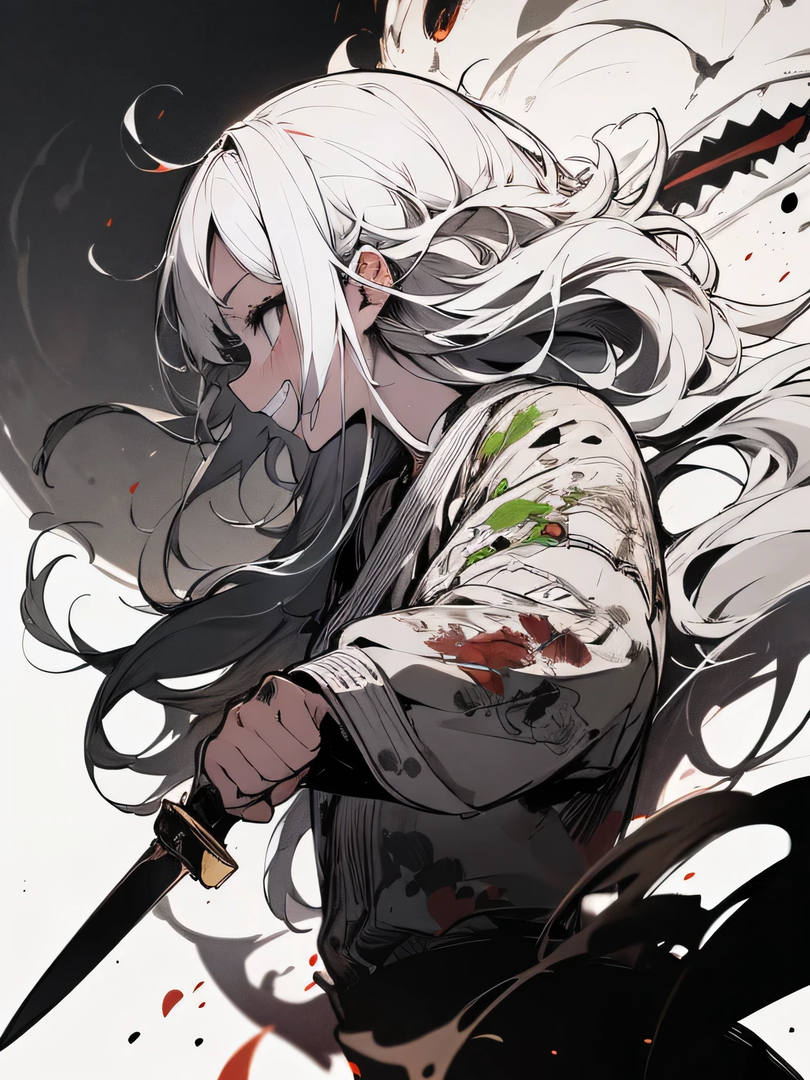 masterpiece, best quality, incredibly detailed, absurd, 8K, feminine, smart, 

white hair, pale skin, slim, off-the-shoulder top, leggings, 20s, anime, simple line drawing, intense top, serious look, detailed long hair, half up, 
(monochrome), (selective orange color shift), orange eyes, orange earrings, orange hair band,


(1boy, short boy, ***** boy, nude boy, boy) ,((blowjob)), doing blowjob, professional blowjob