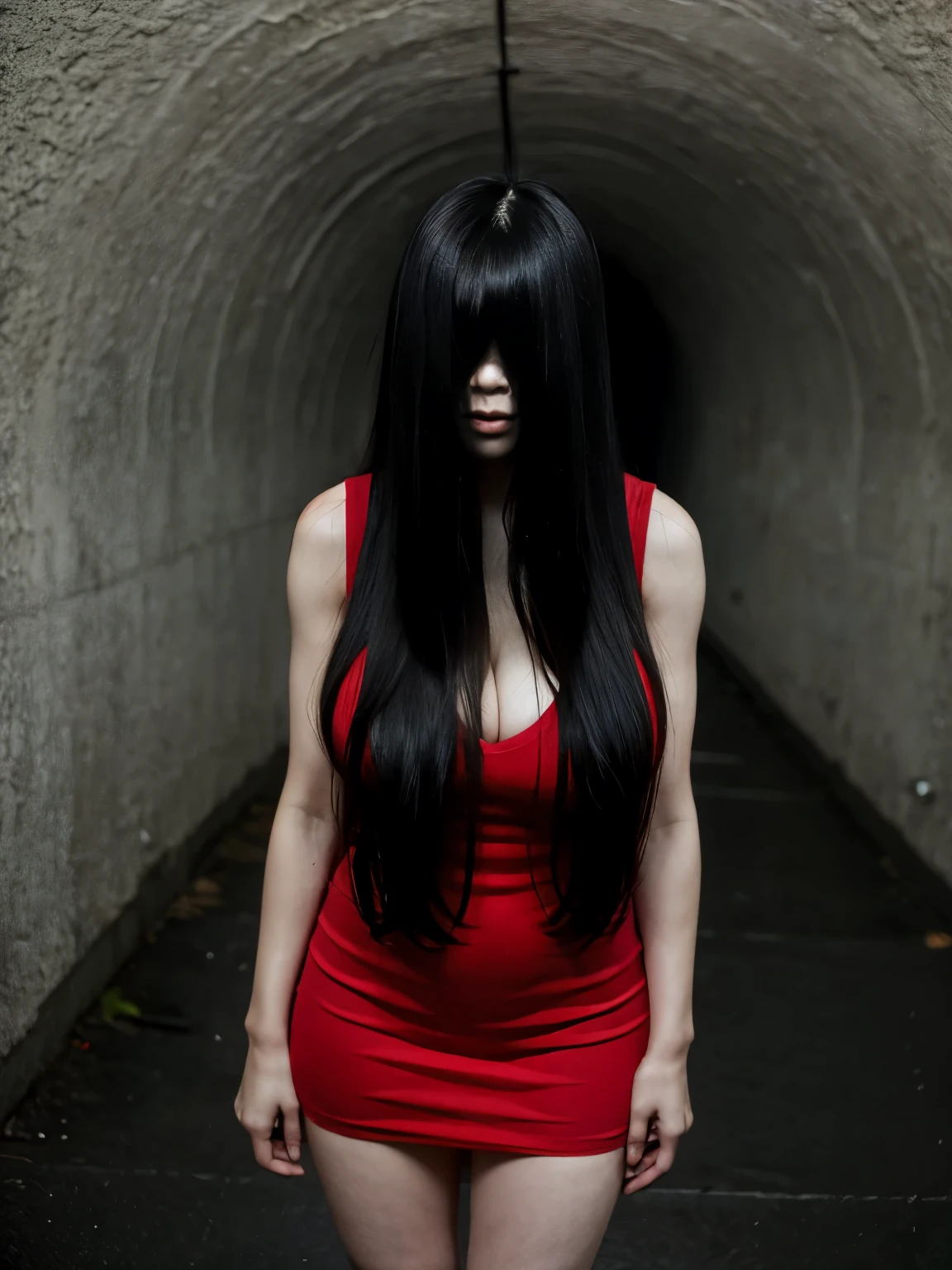 (masterpiece:1.1, Best Quality:1.1, 16K HDR, High resolution), (1girl in, Solo), professional lighting, cinematic lighting, RAW photo, Ultra-realistic & detailed portrait of Sadako Yamamura, the ring, Black hair, female ghost, ((((extremely Long hair, extremely long Bangs, extremely long bangs over eyes, entire face hidden by bangs, whole face are covered by bangs)))), (((Extremely ultra huge breasts, Extremely ultra huge cleavages, Extremely ultra huge tits, Extremely ultra huge boob))), (((outdoors, ultra realistic & detailed narrow tunnel, passenger’s tunnel, concrete))), (night atmosphere:1.5, dark atmosphere:1.5, horror & spooky atmosphere:1.5), Realistic skin texture, (ultra skinny:1.5, ultra slim waist:1.15, Perfect slim body style:1.15), ((sleeveless, red dress:1.15)), stockings, thigh highs, pantyhose, heels, ultra realistic skin texture, ultra detailed skin texture, full body shot, (just standing),
