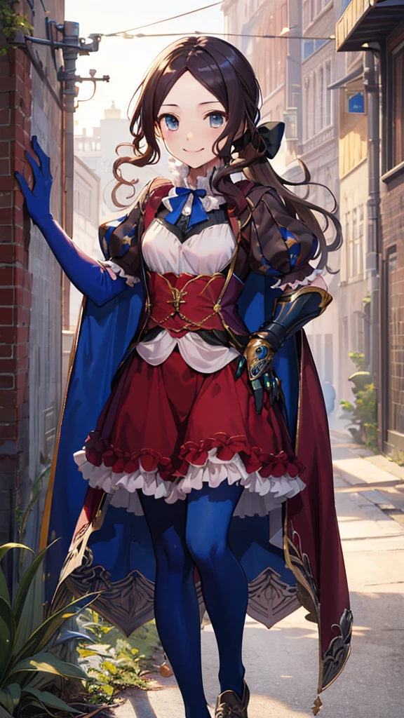 masterpiece, Best Quality, High resolution, Da Vinci, ponytail, Hair Ribbon, Parted bangs, Small breasts, Blue Ribbon, Single Gauntlet, Cape, Red Skirt, Puff sleeves, Blue gloves, Blue pantyhose, Cowboy Shot, Standing, Outdoor, smile,