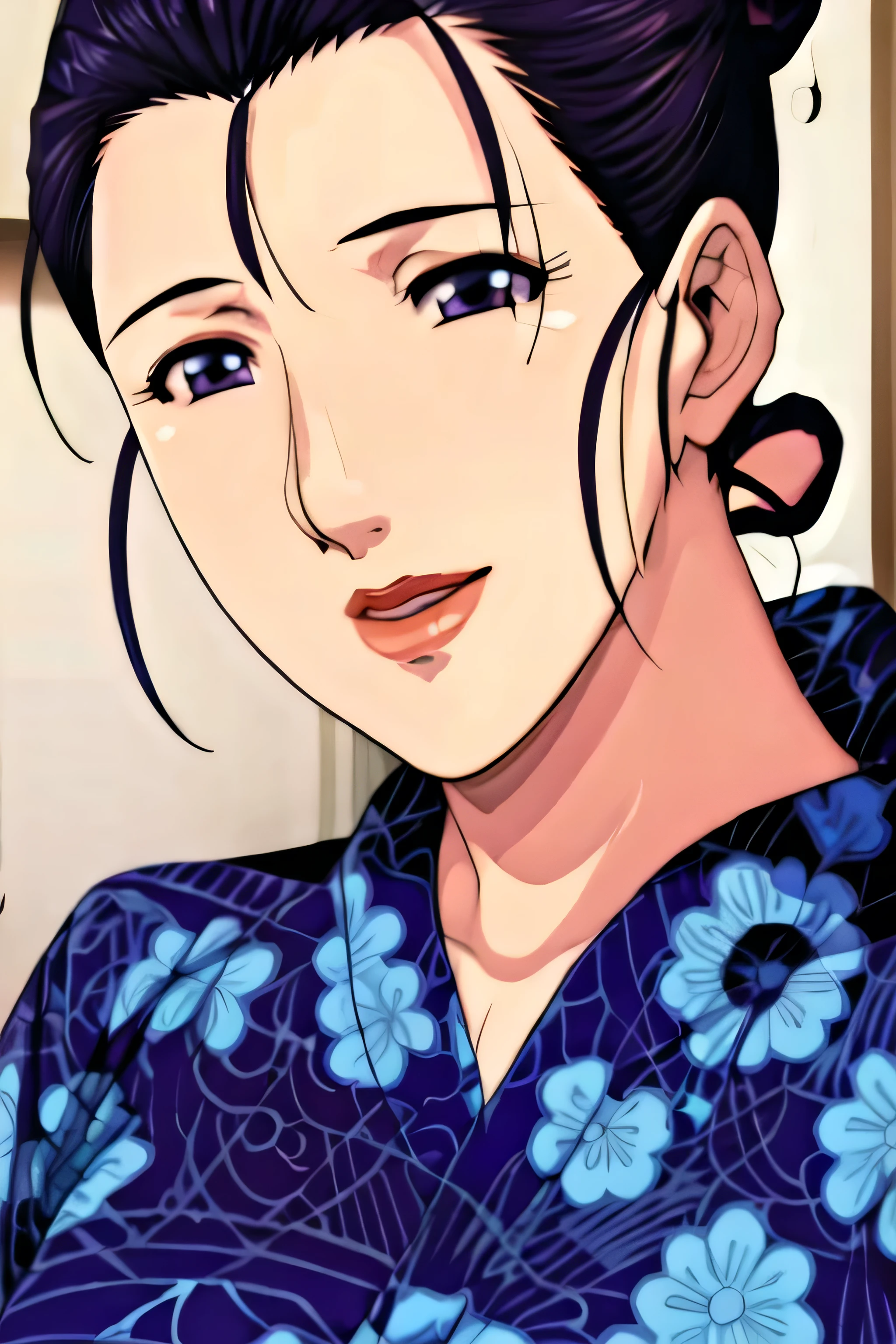 Simple Background,White Background,
purple kimono,floral print,japanese clothes,wide sleeves,long sleeves,
cleavage,
purple eyes, black hair,bangs,hair bun,
1 girl,Young female,Beautiful long legs,Beautiful body,
Beautiful Nose,Beautiful character design, perfect eyes, perfect face,expressive eyes,perfect balance,
looking at viewer,(Focus on her face),closed mouth, (innocent_big_eyes:1.0),(Light_Smile:0.3),
official art,extremely detailed CG unity 8k wallpaper, perfect lighting,Colorful, Bright_Front_face_Lighting,White skin,
(masterpiece:1.0),(best_quality:1.0), ultra high res,4K,ultra-detailed,
photography, 8K, HDR, highres, absurdres:1.2, Kodak portra 400, film grain, blurry background, bokeh:1.2, lens flare, (vibrant_color:1.2),professional photograph,
(Beautiful,large_Breasts:1.4), (beautiful_face:1.5),(narrow_waist),