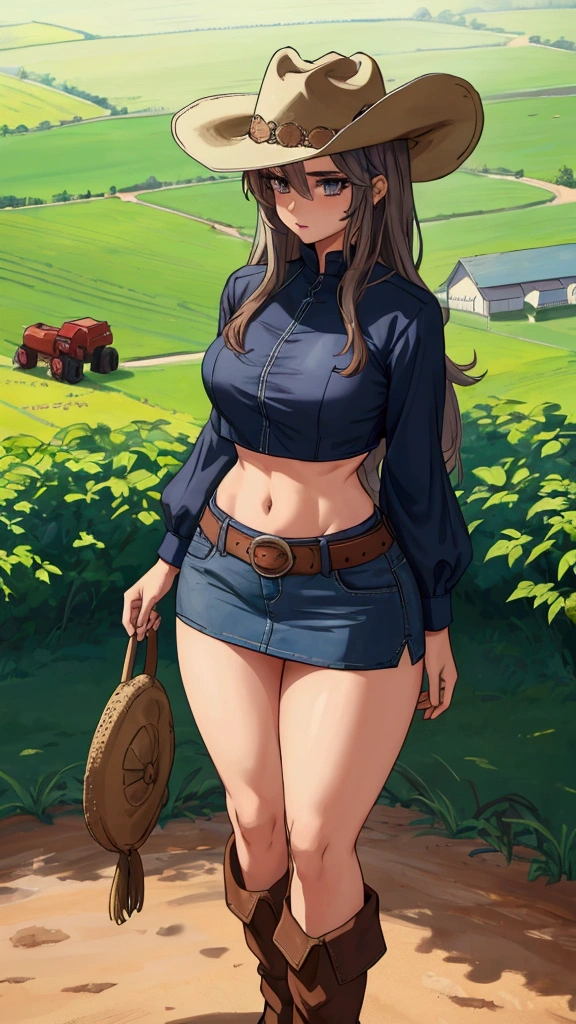 Anime, tan skin, masterpiece, best quality, 1 girl, chubby, thick, thicc, cowgirl, outlaw, gunslinger, rancher, jeans, button up shirt, black vest, cowboy hat, cowboy boots, brown hair, brown eyes, braided hair, long hair, sharp details, tall, mature woman, outside, on farm