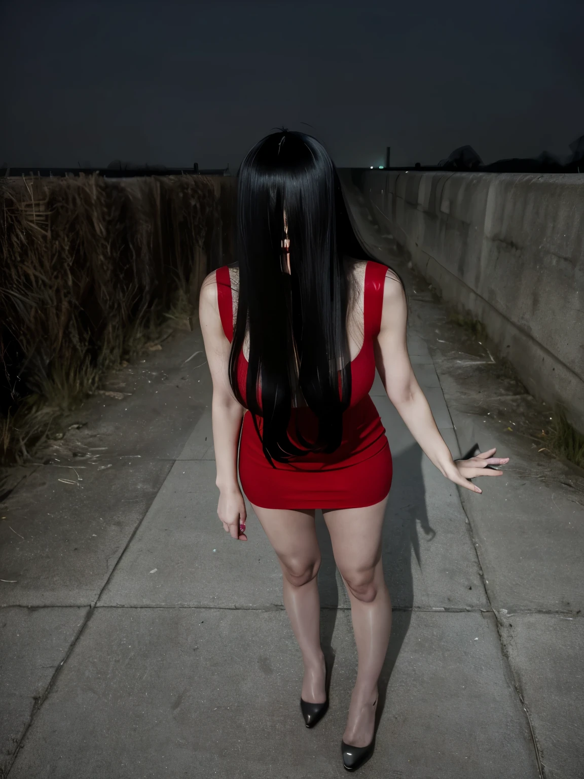 (masterpiece:1.1, Best Quality:1.1, 16K HDR, High resolution), (1girl in, Solo), professional lighting, cinematic lighting, RAW photo, Ultra-realistic & detailed portrait of Sadako Yamamura, the ring, Black hair, female ghost, ((((extremely Long hair, extremely long Bangs, extremely long bangs over eyes, entire face hidden by bangs, whole face are covered by bangs)))), (((Extremely ultra huge breasts, Extremely ultra huge cleavages, Extremely ultra huge tits, Extremely ultra huge boob))), (((outdoors, ultra realistic & detailed narrow tunnel, passenger’s tunnel, concrete))), (night atmosphere:1.5, dark atmosphere:1.5, horror & spooky atmosphere:1.5), Realistic skin texture, (ultra skinny:1.5, ultra slim waist:1.15, Perfect slim body style:1.15), ((sleeveless, red dress:1.15)), stockings, thigh highs, pantyhose, heels, ultra realistic skin texture, ultra detailed skin texture, full body shot, (just standing), 