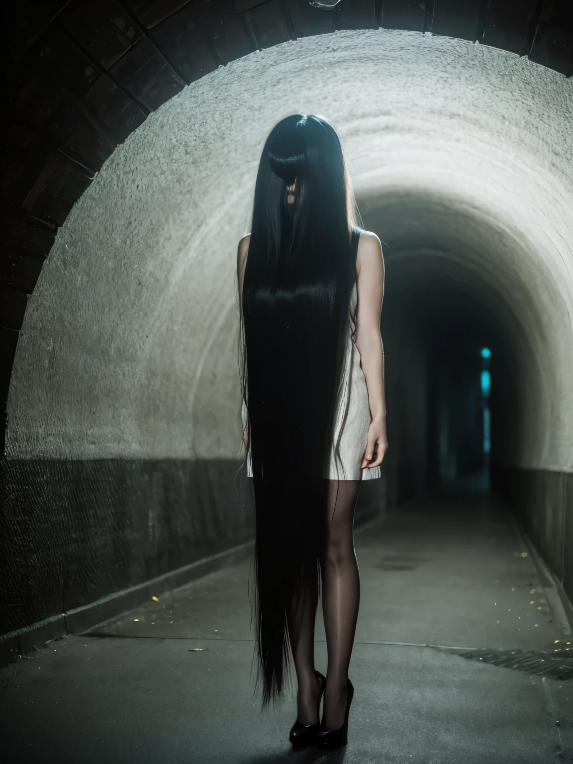 (masterpiece:1.1, Best Quality:1.1, 16K HDR, High resolution), (1girl in, Solo), professional lighting, cinematic lighting, RAW photo, Ultra-realistic & detailed portrait of Sadako Yamamura, the ring, Black hair, female ghost, ((((extremely Long hair, extremely long Bangs, extremely long bangs over eyes, entire face hidden by bangs, whole face are covered by bangs)))), (((Extremely ultra huge breasts, Extremely ultra huge cleavages, Extremely ultra huge tits, Extremely ultra huge boob))), (((outdoors, ultra realistic & detailed narrow tunnel, passenger’s tunnel, concrete))), (night atmosphere:1.5, dark atmosphere:1.5, horror & spooky atmosphere:1.5), Realistic skin texture, (ultra skinny:1.5, ultra slim waist:1.15, Perfect slim body style:1.15), ((sleeveless, red dress:1.15)), stockings, thigh highs, pantyhose, heels, ultra realistic skin texture, ultra detailed skin texture, full body shot, (just standing), 