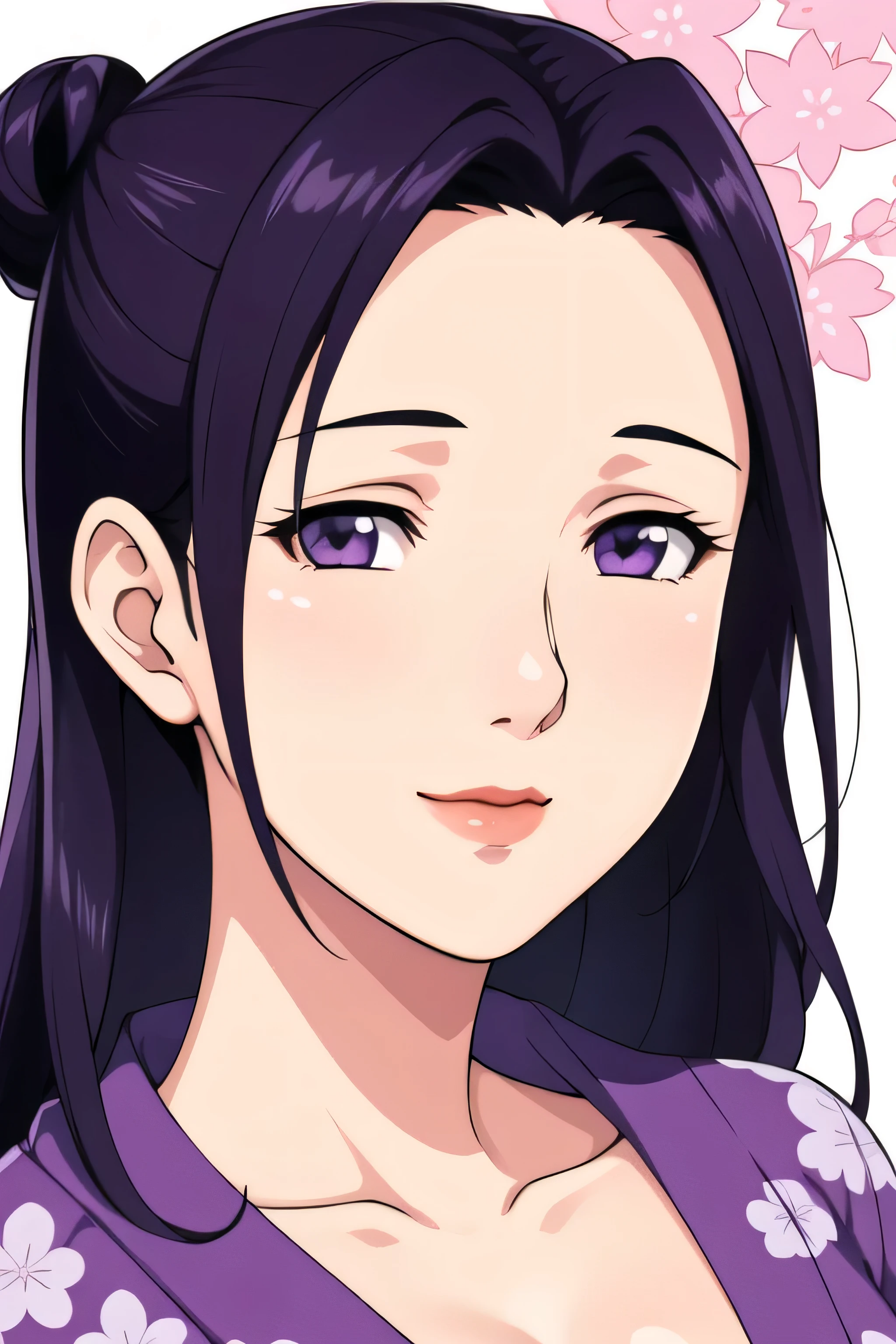 Simple Background,White Background,
purple kimono,floral print,japanese clothes,wide sleeves,long sleeves,
cleavage, 
purple eyes, black hair,bangs,hair bun,
1 girl, 20yo,Young female,Beautiful long legs,Beautiful body,
Beautiful Nose,Beautiful character design, perfect eyes, perfect face,expressive eyes,perfect balance,
looking at viewer,(Focus on her face),closed mouth, (innocent_big_eyes:1.0),(Light_Smile:0.3),
official art,extremely detailed CG unity 8k wallpaper, perfect lighting,Colorful, Bright_Front_face_Lighting,White skin,
(masterpiece:1.0),(best_quality:1.0), ultra high res,4K,ultra-detailed,
photography, 8K, HDR, highres, absurdres:1.2, Kodak portra 400, film grain, blurry background, bokeh:1.2, lens flare, (vibrant_color:1.2),professional photograph,
(Beautiful,large_Breasts:1.4), (beautiful_face:1.5),(narrow_waist),