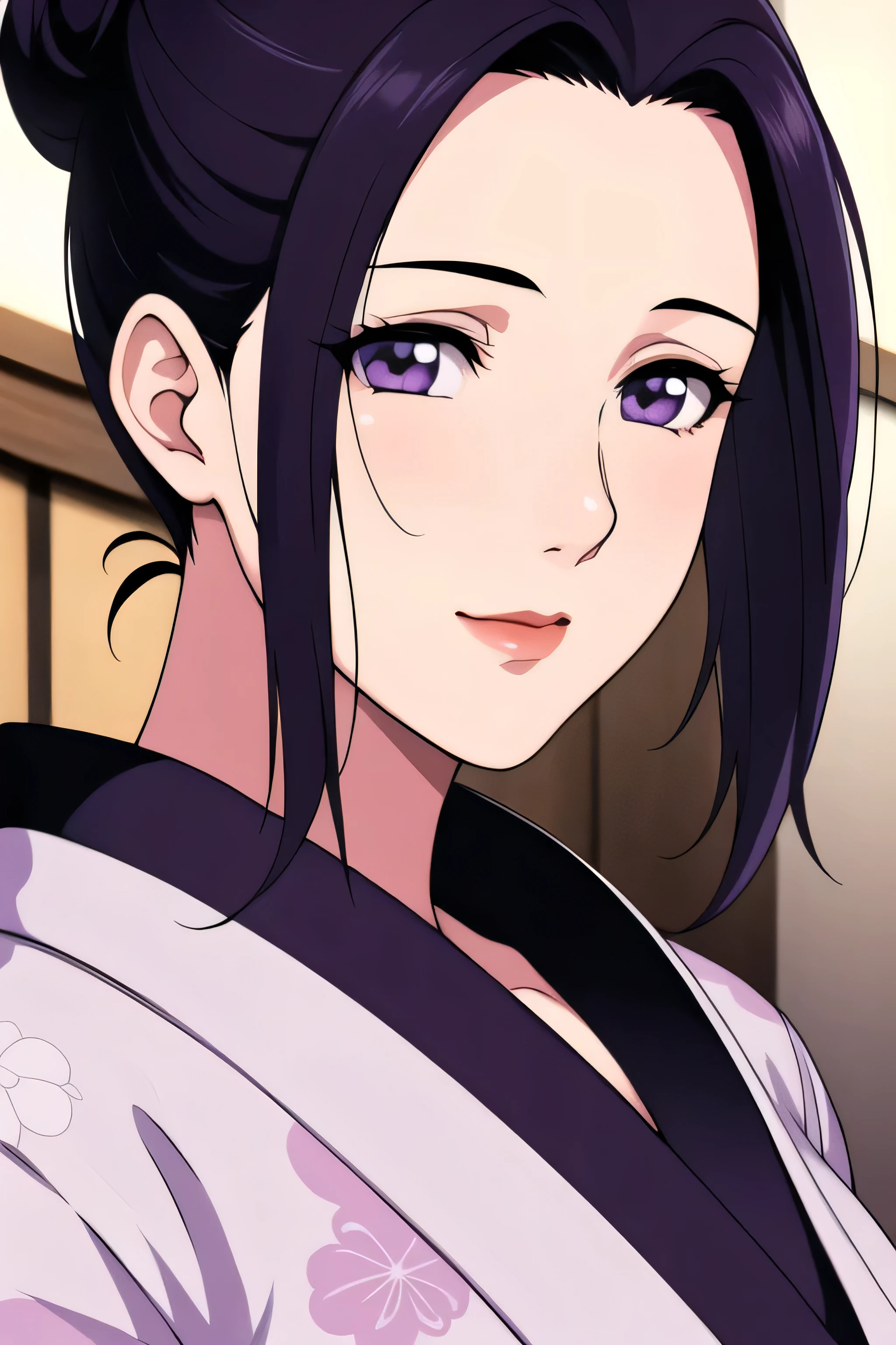 Simple Background,White Background,
purple kimono,floral print,japanese clothes,wide sleeves,long sleeves,
cleavage,
purple eyes, black hair,bangs,hair bun,
1 girl, 20yo,Young female,Beautiful long legs,Beautiful body,
Beautiful Nose,Beautiful character design, perfect eyes, perfect face,expressive eyes,perfect balance,
looking at viewer,(Focus on her face),closed mouth, (innocent_big_eyes:1.0),(Light_Smile:0.3),
official art,extremely detailed CG unity 8k wallpaper, perfect lighting,Colorful, Bright_Front_face_Lighting,White skin,
(masterpiece:1.0),(best_quality:1.0), ultra high res,4K,ultra-detailed,
photography, 8K, HDR, highres, absurdres:1.2, Kodak portra 400, film grain, blurry background, bokeh:1.2, lens flare, (vibrant_color:1.2),professional photograph,
(Beautiful,large_Breasts:1.4), (beautiful_face:1.5),(narrow_waist),
