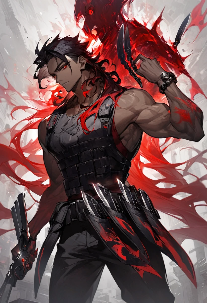 black man, black hair, fade cut with curly hair on top, red eyes, bulletproof vest, knives on his waist, revolver, a black metal bracelet on his left hand, a red aura, height of 1.68, average physique,dark skin