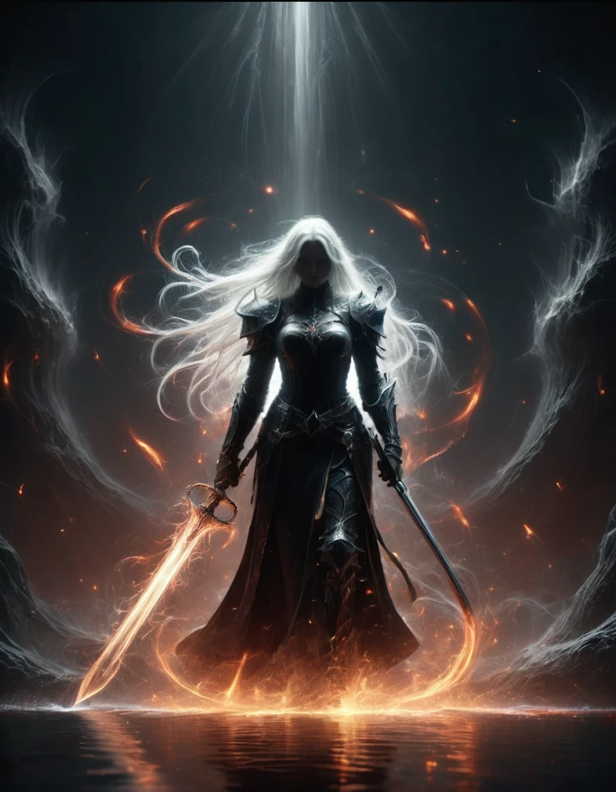 8k resolution, depth of field, photorealistic, lens flare, ((best quality)), (((intricate details))), highly detailed, (((cinematic effect))), looking at viewer,1girl,breasts,long hair, ((white hair with black highlights)), ponytail, (glowing red eyes), serious and severe face, ,wearing flame armor, helmet in the shape of a blood red head,holding,cleavages,V,vaporous swirls of deep black,holding weapon, sword, holding sword, night, (underworld,hells), well of cursed souls, (((the river styx background:1.5))),UHD, no anatomical defects,dark, extremely detailed, amazing quality, masterpiece, best quality, hyper detailed, ultra detailed, UHD, perfect anatomy, portrait, DOF, majestic, awesome, inspiring, cinematic, global illumination, dramatic, atmospheric haze, cinematic composition, deep shadows, death scythe,,made of mad-wsps, surrounded by glowing force magic,glowing character outline by dark aura\(blue:1.5\)