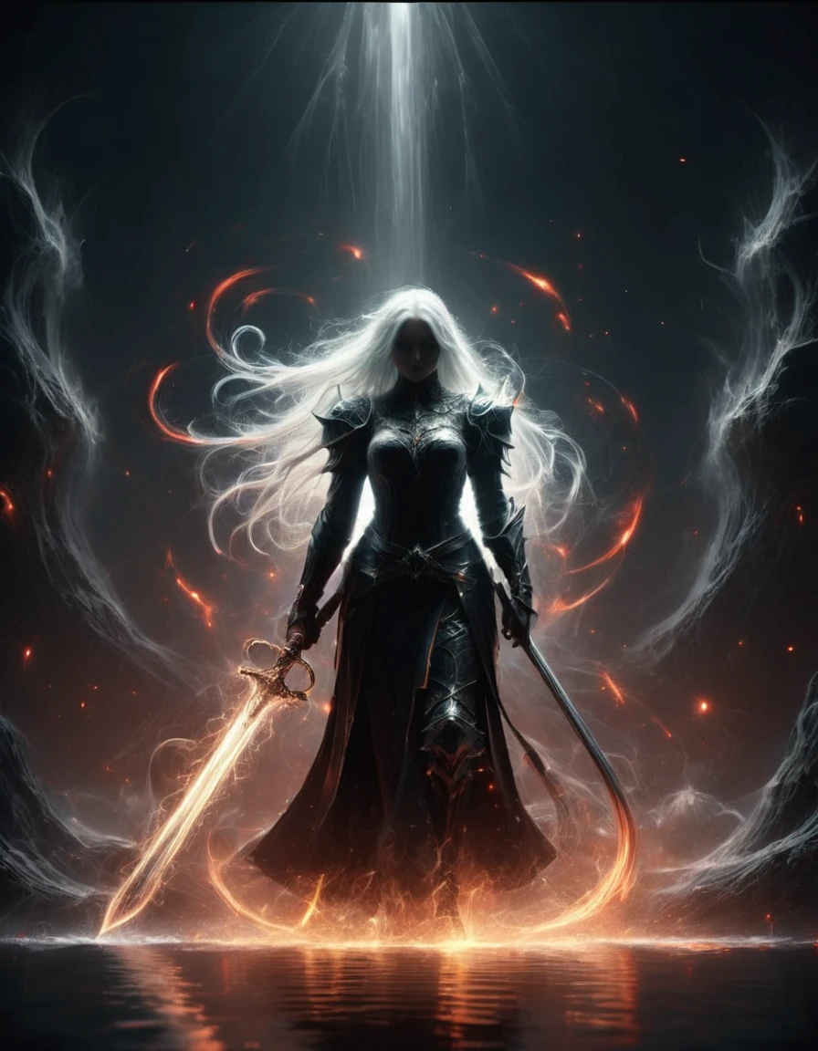 8k resolution, depth of field, photorealistic, lens flare, ((best quality)), (((intricate details))), highly detailed, (((cinematic effect))), looking at viewer,1girl,breasts,long hair, ((white hair with black highlights)), ponytail, (glowing red eyes), serious and severe face, ,wearing flame armor, helmet in the shape of a blood red head,holding,cleavages,V,vaporous swirls of deep black,holding weapon, sword, holding sword, night, (underworld,hells), well of cursed souls, (((the river styx background:1.5))),UHD, no anatomical defects,dark, extremely detailed, amazing quality, masterpiece, best quality, hyper detailed, ultra detailed, UHD, perfect anatomy, portrait, DOF, majestic, awesome, inspiring, cinematic, global illumination, dramatic, atmospheric haze, cinematic composition, deep shadows, death scythe,,made of mad-wsps, surrounded by glowing force magic,glowing character outline by dark aura\(blue:1.5\)