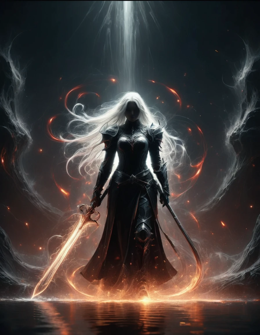 8k resolution, depth of field, photorealistic, lens flare, ((best quality)), (((intricate details))), highly detailed, (((cinematic effect))), looking at viewer,1girl,breasts,long hair, ((white hair with black highlights)), ponytail, (glowing red eyes), serious and severe face, ,wearing flame armor, helmet in the shape of a blood red head,holding,cleavages,V,vaporous swirls of deep black,holding weapon, sword, holding sword, night, (underworld,hells), well of cursed souls, (((the river styx background:1.5))),UHD, no anatomical defects,dark, extremely detailed, amazing quality, masterpiece, best quality, hyper detailed, ultra detailed, UHD, perfect anatomy, portrait, DOF, majestic, awesome, inspiring, cinematic, global illumination, dramatic, atmospheric haze, cinematic composition, deep shadows, death scythe,,made of mad-wsps, surrounded by glowing force magic,glowing character outline by dark aura\(blue:1.5\)