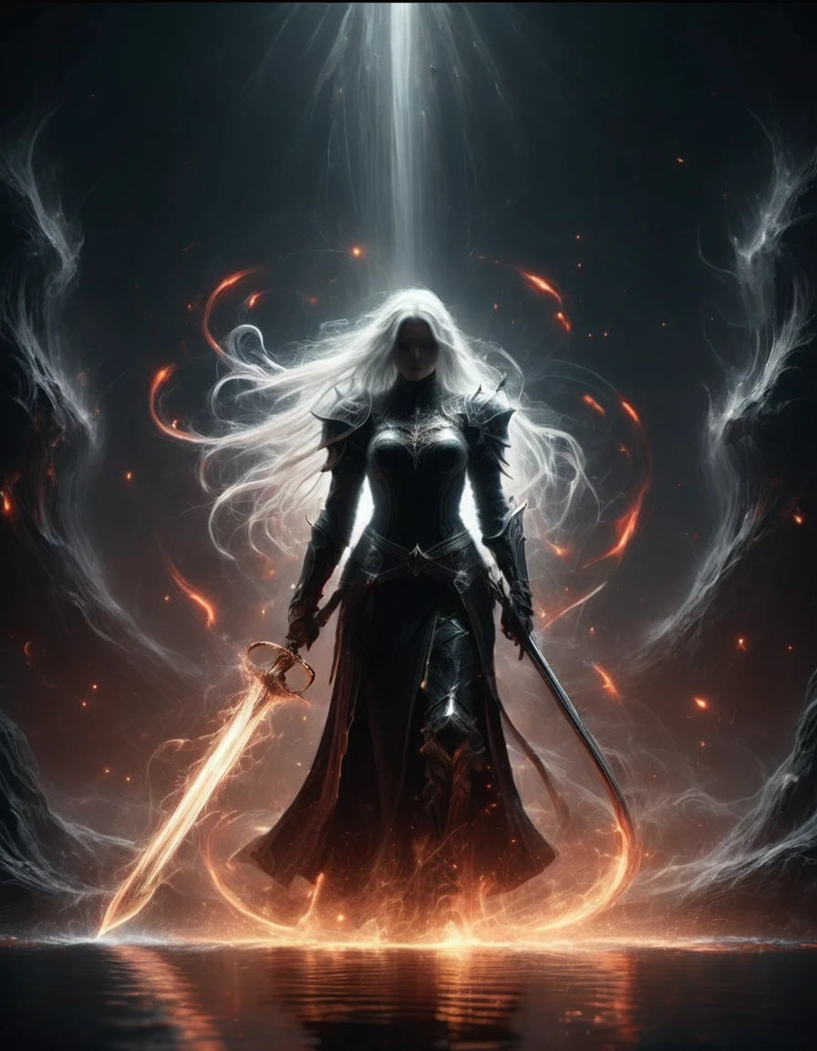 8k resolution, depth of field, photorealistic, lens flare, ((best quality)), (((intricate details))), highly detailed, (((cinematic effect))), looking at viewer,1girl,breasts,long hair, ((white hair with black highlights)), ponytail, (glowing red eyes), serious and severe face, ,wearing flame armor, helmet in the shape of a blood red head,holding,cleavages,V,vaporous swirls of deep black,holding weapon, sword, holding sword, night, (underworld,hells), well of cursed souls, (((the river styx background:1.5))),UHD, no anatomical defects,dark, extremely detailed, amazing quality, masterpiece, best quality, hyper detailed, ultra detailed, UHD, perfect anatomy, portrait, DOF, majestic, awesome, inspiring, cinematic, global illumination, dramatic, atmospheric haze, cinematic composition, deep shadows, death scythe,,made of mad-wsps, surrounded by glowing force magic,glowing character outline by dark aura\(blue:1.5\)