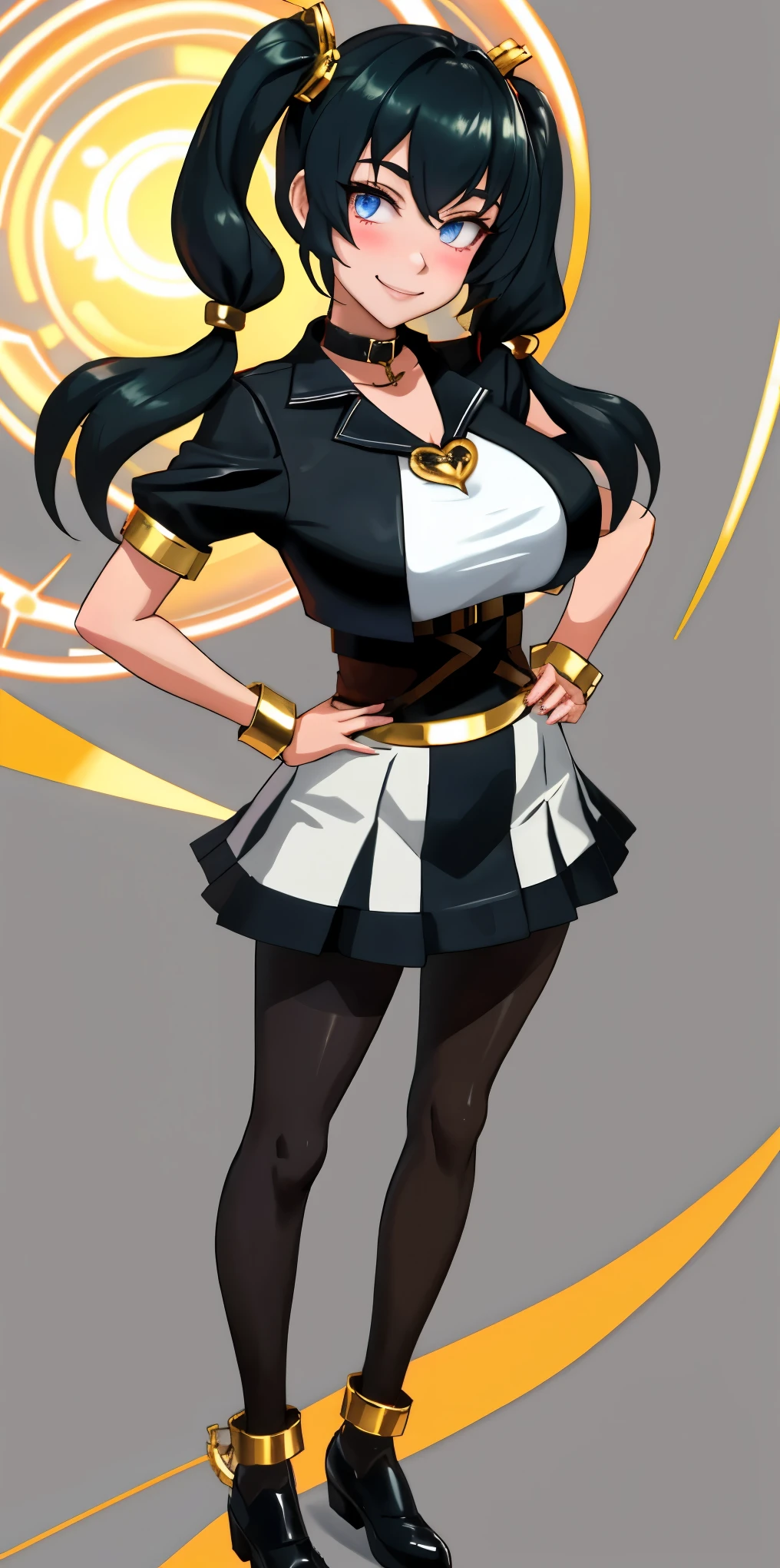 1solo Milf full body standing straight symmetrical, looking at viewer, hands on hips, twin drills twin tails, striped pantyhose, golden handcuffs on their hands with a black leather collar around the golden heart necklace, hands on hips, lustful smirking smile face red blushed