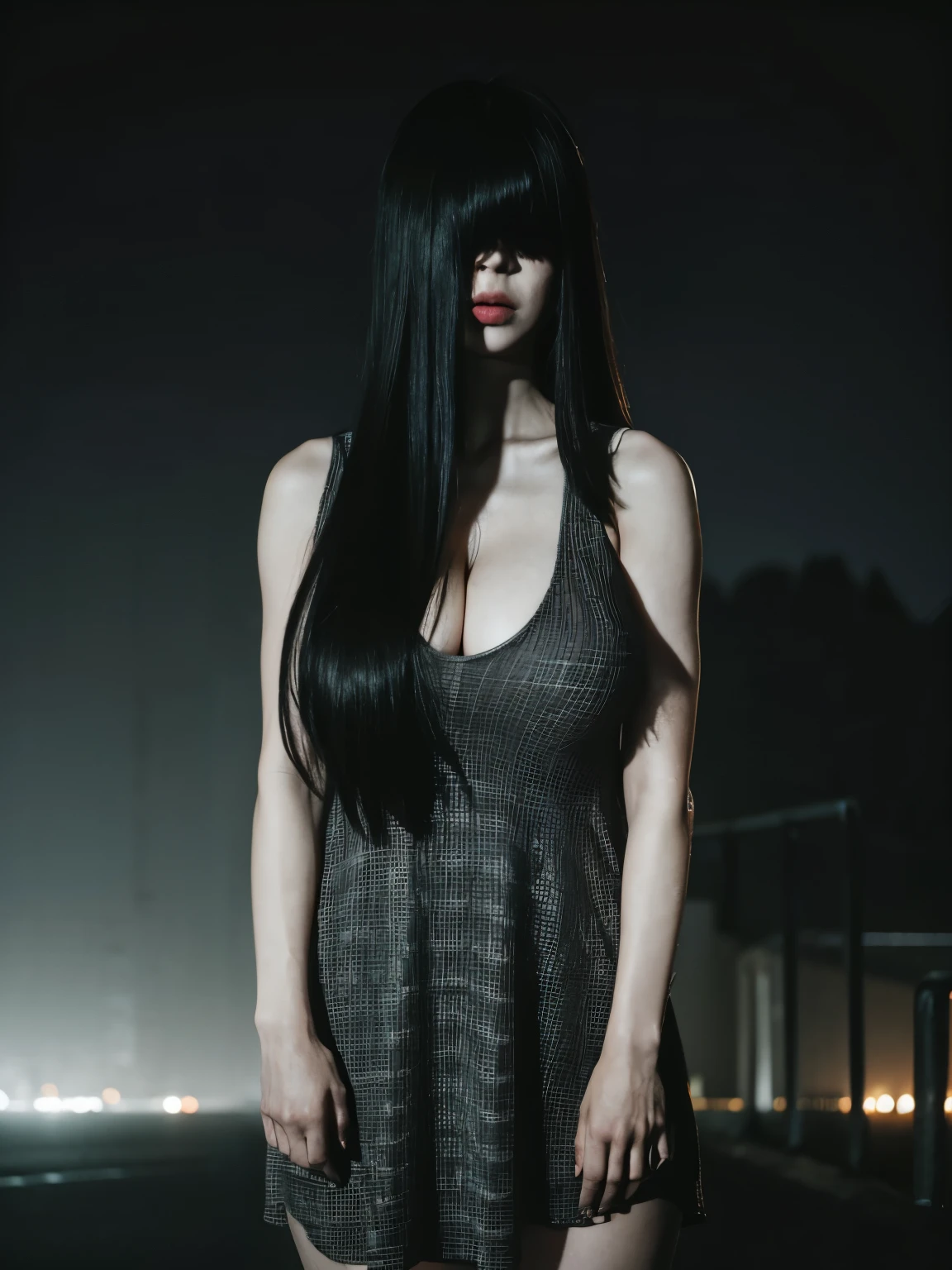 (masterpiece:1.1, Best Quality:1.1, 16K HDR, High resolution), (1girl in, Solo), professional lighting, cinematic lighting, RAW photo, Ultra-realistic & detailed portrait of Sadako Yamamura, the ring, Black hair, female ghost, (extremely Long hair, extremely long Bangs:2.0, extremely long bangs over eyes:2.0, entire face hidden by bangs:1.5, whole face are covered by bangs:1.5), (((Extremely ultra huge breasts, Extremely ultra huge cleavages, Extremely ultra huge tits, Extremely ultra huge boob))), (((outdoors, guardrails, road, in the mountain))), (night atmosphere:1.5, dark atmosphere:1.5, horror & spooky atmosphere:1.5), Realistic skin texture, (ultra skinny:1.5, ultra slim waist:1.15, Perfect slim body style:1.15), ((sleeveless, red dress:1.15)), heels, ultra realistic skin texture, ultra detailed skin texture, cowboy shot, (just standing beside taxi),