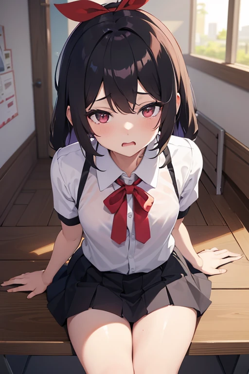 best quality, (on the table:1.2), Very detailed,indoors, Rin Harusaka,1 girl in, alone, looking at the audience, from the front, Keep your mouth shut, long hair, brown hair, blue eyes,Red shirt, mini skirt, black skirt, black company,(skirt lift:1.3), (White:1.3)、(Rolled up skirt:1.3)、(completely exposed:1.5), NSFW, erotic, porn, sex, mouth open, sticking out her tongue, giving a blowjob to a man, giving a blowjob, blowjob, penis inside her mouth, cock on her mouth, man view, pov view, cumming, cum falling of her mouth,