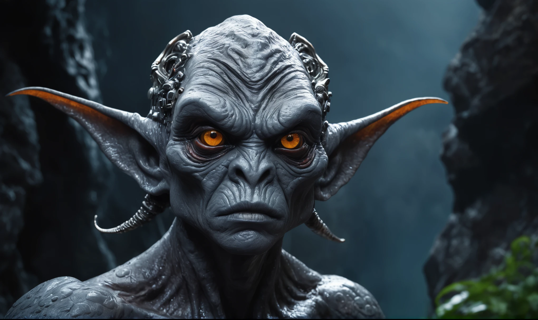 full body length shot,nerd graphite  Alien Entity,native africa slave ,nowadays azctec central city,Cinematic,soft colors, Technicolor,natural skin textures, hyper realism, hyper detailed,Extremely detailed,High contrast,Masterpiece,Realistic,Ultra Detailed, intricate details,realistic humid leather,extremely intricate details,Epic Realistic, cinematic style, irina yermolova,high contrast,hdr,extremely detailed, [deep night landscape],masterpiece, intricate details, eyes extremely detailed, high detailed eyes,8k resolution,retina, Nikon Z9,Korea,orc,Egypt, Pisces, transition between two art styles,full body length, Double contact, X-ray, Creative, vivid light, fantasy, Abstract, Surrealism, super detailed, high resolution,insanity national folk wear,skin  almost translucent, gothic elements, further emphasizing its dark air,Mestichino,Light particles,chaos,starfish's leather,Angkor Wat of Cambodia,"(The best lighting, dark, dramatic),(alien troll half-skull fetus, Hellraiser, Scars, , without brain, , dog inside the head, terror.),(fish eyes, calaveras). studio light

