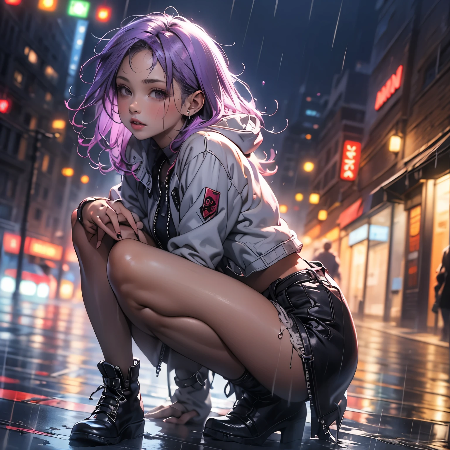 (masterpiece), best quality, 1girl, expressive eyes, perfect face, (purple hair), perfect anatomy, full body, 4k, HDR, full HD, 8K,volumetric lighting,1girl,hourglass body,sexy,short hair,red hair,(purple eyes, small eyes, detailed eyes),transparent umbrella,see through jacket,hood up,open jacket,croptop,high waist skirt,rain,night,squatting,combat boots,shiny skin,shiny,cowboy shot,outdoors,city,blurry background, short shorts, bikini under clothes, tied shirt, jurimaid, white shirt, plaid skirt, jacket, jurischool