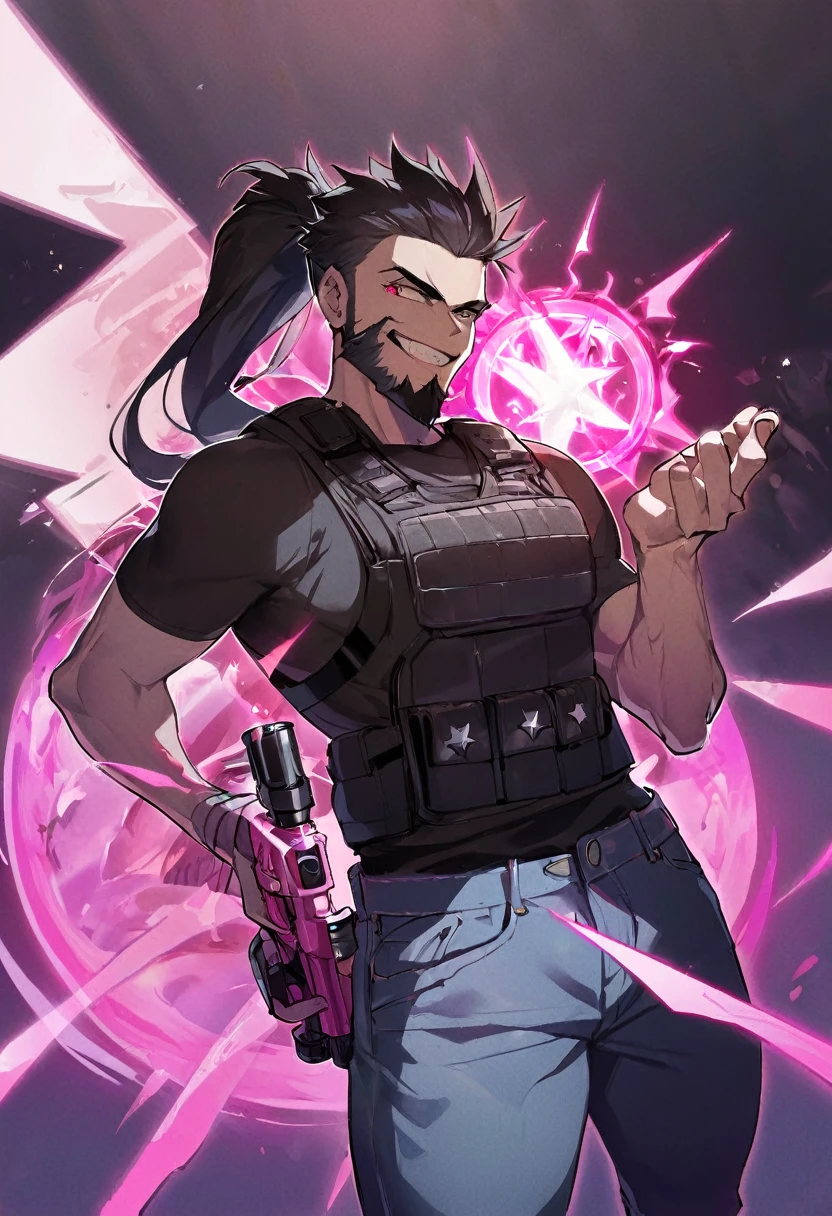 a white man, long black hair with a ponytail, medium beard, thin body, All Star sneakers, jeans, black t-shirt, a gun on his waist, bulletproof vest, in his right hand he has a round symbol of magical teeth, emanating a pink aura