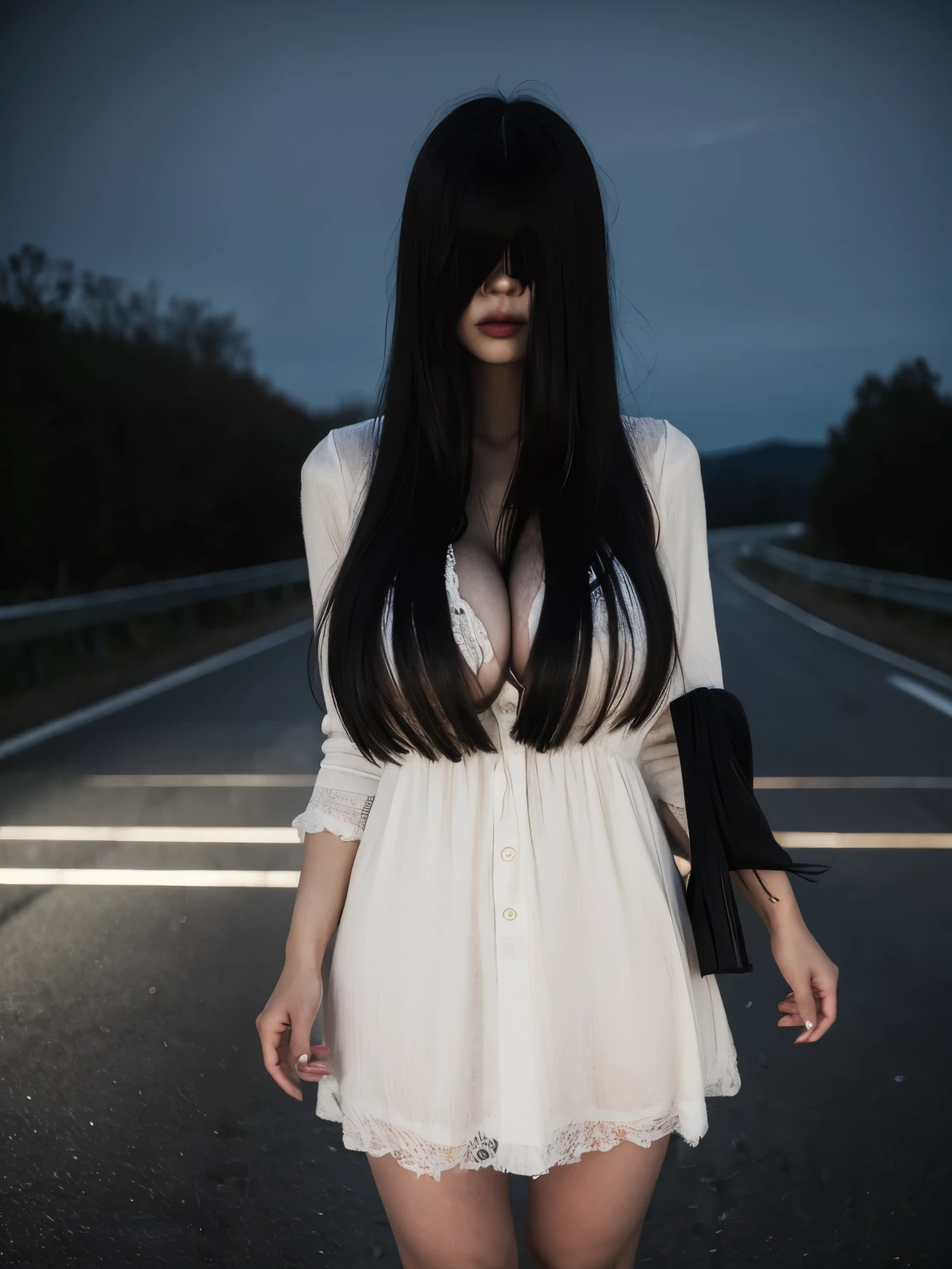 (masterpiece:1.1, Best Quality:1.1, 16K HDR, High resolution), (1girl in, Solo), professional lighting, cinematic lighting, RAW photo, Ultra-realistic & detailed portrait of Sadako Yamamura, the ring, Black hair, female ghost, (extremely Long hair, extremely long Bangs:2.0, extremely long bangs over eyes:2.0, entire face hidden by bangs:1.5, whole face are covered by bangs:1.5), (((Extremely ultra huge breasts, Extremely ultra huge cleavages, Extremely ultra huge tits, Extremely ultra huge boob))), (((outdoors, guardrails, road, in the mountain))), (night atmosphere:1.5, dark atmosphere:1.5, horror & spooky atmosphere:1.5), Realistic skin texture, (ultra skinny:1.5, ultra slim waist:1.15, Perfect slim body style:1.15), ((long sleeve, white long skirt dress:1.15)), heels, ultra realistic skin texture, ultra detailed skin texture, cowboy shot, (just standing beside taxi), nsfw, 