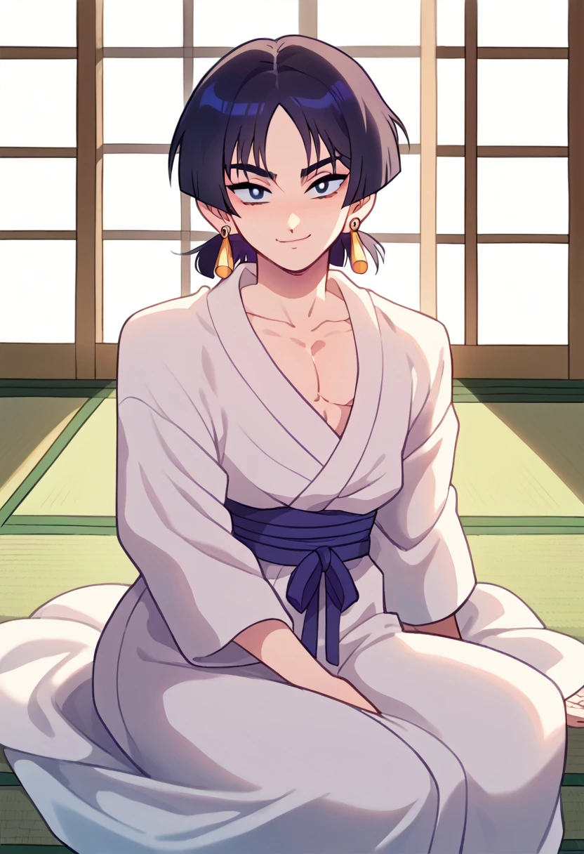 Solo Scaramouche, divinity, peaceful expression, elegant androgynous features, calm demeanor, soft smile, hanafuda earrings, boywife, sitting casually on a tatami